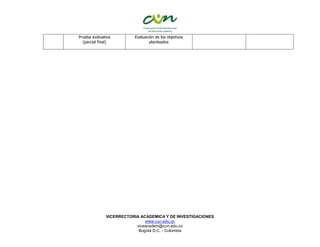 VICERRECTORIA ACADEMICA Y DE INVESTIGACIONES
www.cun.edu.co
viceacadem@cun.edu.co
Bogotá D.C. - Colombia
Prueba evaluativa
(parcial final)
Evaluación de los objetivos
planteados
 