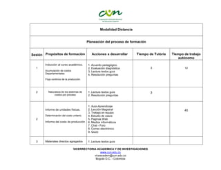 VICERRECTORIA ACADEMICA Y DE INVESTIGACIONES
www.cun.edu.co
viceacadem@cun.edu.co
Bogotá D.C. - Colombia
Modalidad Distancia
Planeación del proceso de formación
Sesión Propósitos de formación Acciones a desarrollar Tiempo de Tutoría Tiempo de trabajo
autónomo
1
Inducción al curso académico.
Acumulación de costos
Departamentales.
Flujo continúo de la producción.
1. Acuerdo pedagógico.
2. Evaluación diagnóstica
3. Lectura textos guía
4. Resolución preguntas
3 12
2 Naturaleza de los sistemas de
costos por proceso
1. Lectura textos guía
2. Resolución preguntas
3
2
Informe de unidades físicas.
Determinación del costo unitario.
Informe del costo de producción
1. Auto-Aprendizaje
2. Lección Magistral
3. Trabajo en equipo
4. Estudio de casos
5. Paginas Web
6. Medios informáticos
7. Chat - Foro
8. Correo electrónico
9. Quizz
40
3 Materiales directos agregados 1. Lectura textos guía
 