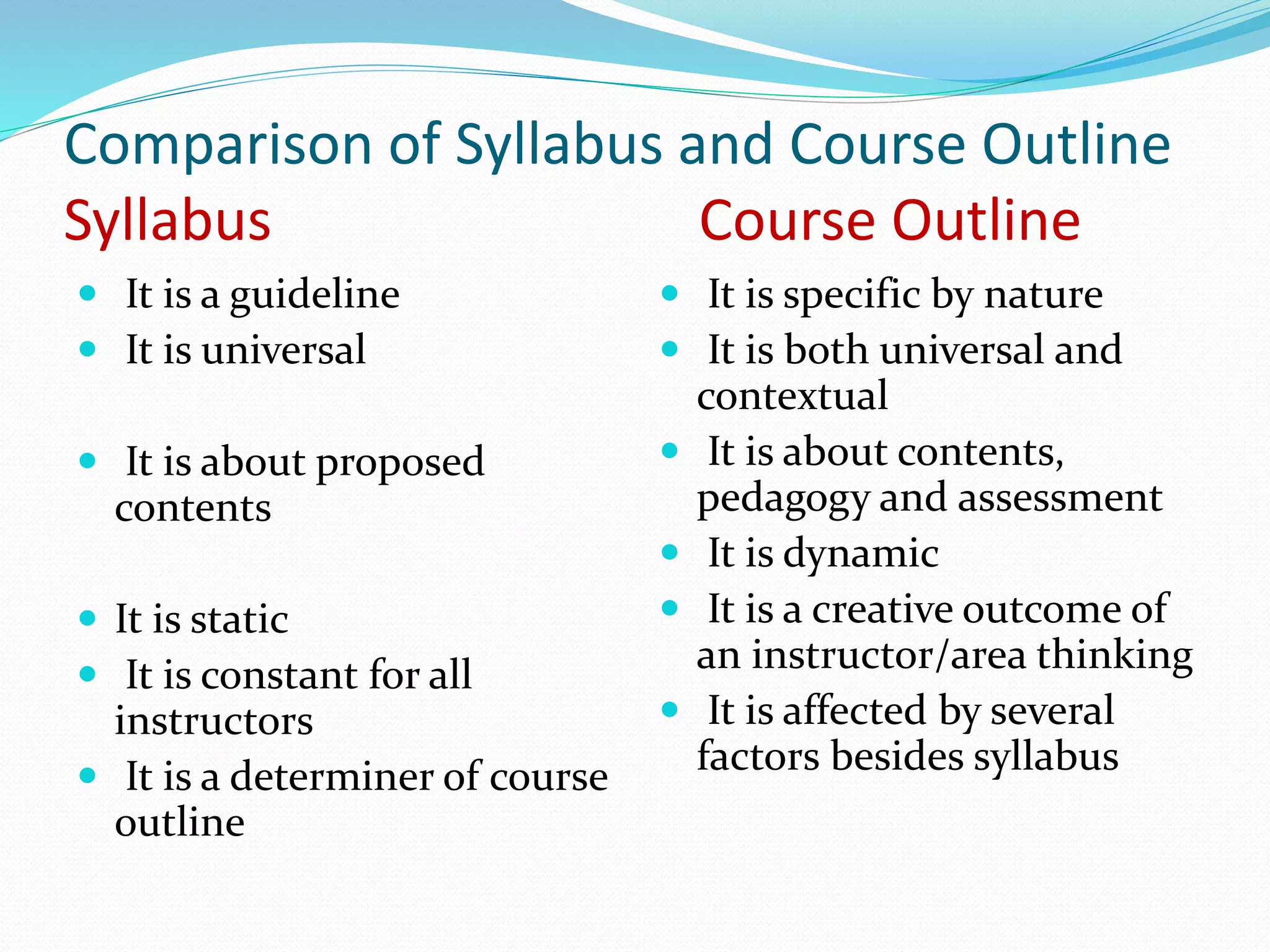 Comparison of Syllabus and Course Outline 
Syllabus Course Outline 
 It is a guideline 
 It is universal 
 It is about proposed 
contents 
 It is static 
 It is constant for all 
instructors 
 It is a determiner of course 
outline 
 It is specific by nature 
 It is both universal and 
contextual 
 It is about contents, 
pedagogy and assessment 
 It is dynamic 
 It is a creative outcome of 
an instructor/area thinking 
 It is affected by several 
factors besides syllabus 
 