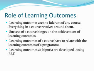 Role of Learning Outcomes 
 Learning outcomes are the fulcrum of any course. 
Everything in a course revolves around them. 
 Success of a course hinges on the achievement of 
learning outcomes. 
 Learning outcomes of a course have to relate with the 
learning outcomes of a programme. 
 Learning outcomes at Jaipuria are developed , using 
RBT. 
 