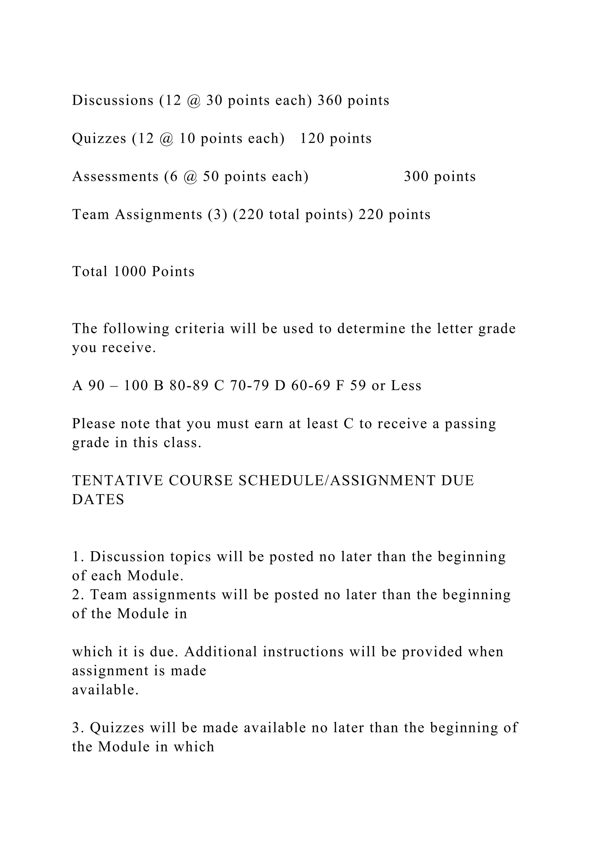 Discussions (12 @ 30 points each) 360 points
Quizzes (12 @ 10 points each) 120 points
Assessments (6 @ 50 points each) 300 points
Team Assignments (3) (220 total points) 220 points
Total 1000 Points
The following criteria will be used to determine the letter grade
you receive.
A 90 – 100 B 80-89 C 70-79 D 60-69 F 59 or Less
Please note that you must earn at least C to receive a passing
grade in this class.
TENTATIVE COURSE SCHEDULE/ASSIGNMENT DUE
DATES
1. Discussion topics will be posted no later than the beginning
of each Module.
2. Team assignments will be posted no later than the beginning
of the Module in
which it is due. Additional instructions will be provided when
assignment is made
available.
3. Quizzes will be made available no later than the beginning of
the Module in which
 