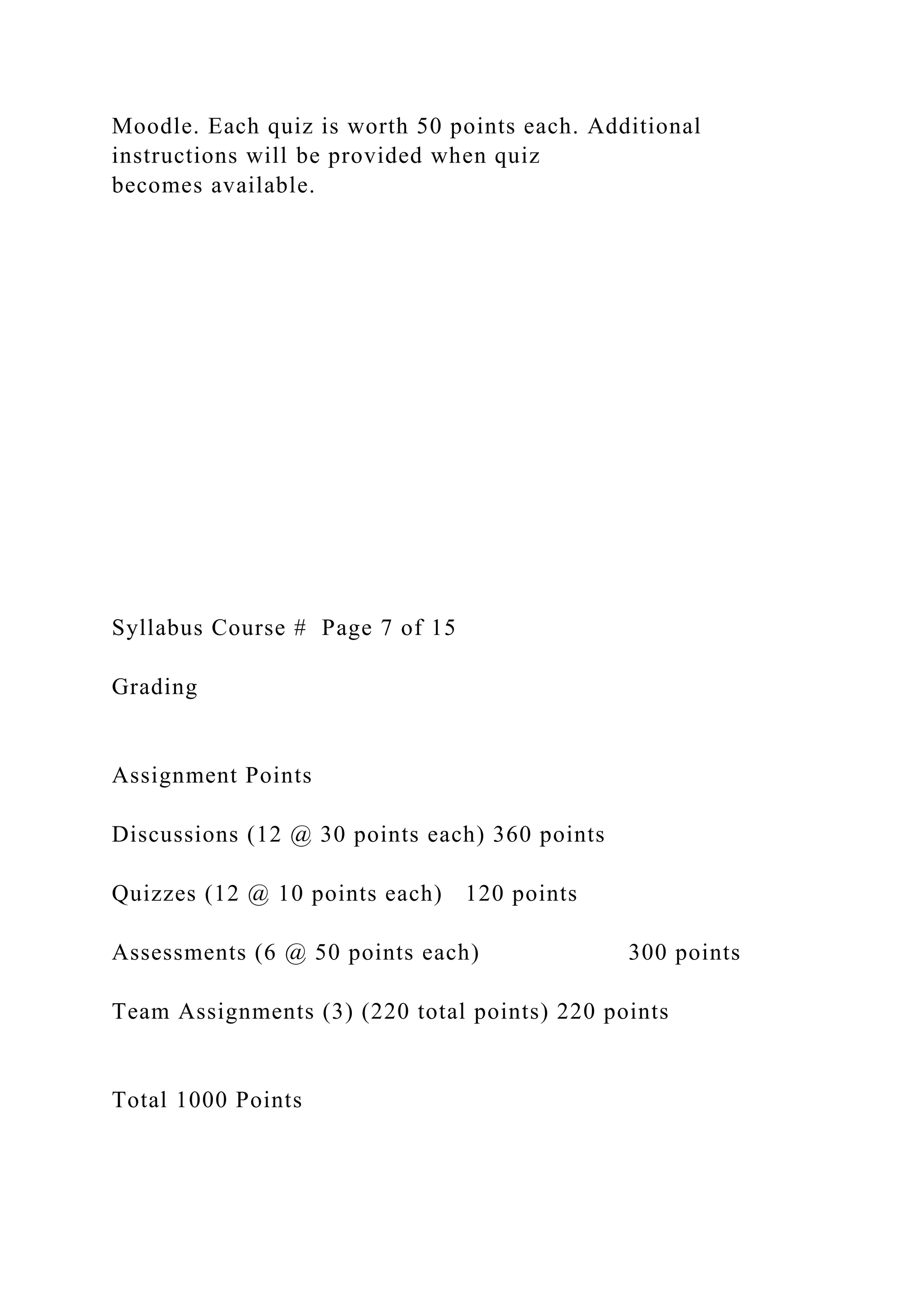 Moodle. Each quiz is worth 50 points each. Additional
instructions will be provided when quiz
becomes available.
Syllabus Course # Page 7 of 15
Grading
Assignment Points
Discussions (12 @ 30 points each) 360 points
Quizzes (12 @ 10 points each) 120 points
Assessments (6 @ 50 points each) 300 points
Team Assignments (3) (220 total points) 220 points
Total 1000 Points
 