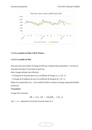 Gestion de production FALLOUL Moulay El Mehdi
21
1.3.4 Les modèles de Holt et Holt–Winters
1.3.4.1 Le modèle de Holt
Nous pouvons aussi utiliser le lissage de Holt qui comprend deux paramètres : l’un pour la
moyenne lissée a0t et l’autre pour la pente a1t.
Deux lissages distincts sont effectués :
– le lissage de la moyenne a0t avec un coefficient de lissage , [0 ; 1],
– le lissage de la tendance a1t avec un coefficient de lissage , [0 ; 1].
(Dans le cas particulier où = le modèle de Holt se ramène au lissage exponentiel double
de Brown).
Formulation
Lissage de la moyenne :
   t–1 –10 . 1 – 0 1.t t ta x a a   
(a0t–1 + a1t –1 représente la nouvelle moyenne lissée en t)
0
2000
4000
6000
8000
10000
12000
Prévision des ventes (Méthode LED)
Ventes CVS (xt) Xt(prévisons)
 