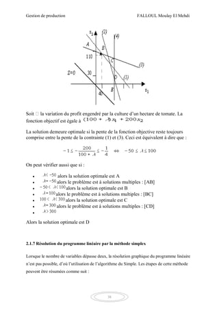 Gestion de production FALLOUL Moulay El Mehdi
38
fonction objectif est égale à
La solution demeure optimale si la pente de la fonction objective reste toujours
comprise entre la pente de la contrainte (1) et (3). Ceci est équivalent à dire que :
On peut vérifier aussi que si :
 alors la solution optimale est A
 alors le problème est à solutions multiples : [AB]
 alors la solution optimale est B
 alors le problème est à solutions multiples : [BC]
 alors la solution optimale est C
 alors le problème est à solutions multiples : [CD]

Alors la solution optimale est D
2.1.7 Résolution du programme linéaire par la méthode simplex
Lorsque le nombre de variables dépasse deux, la résolution graphique du programme linéaire
n’est pas possible, d’où l’utilisation de l’algorithme du Simple. Les étapes de cette méthode
peuvent être résumées comme suit :
 
