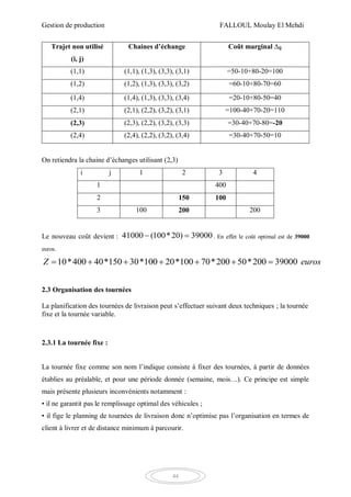 Gestion de production FALLOUL Moulay El Mehdi
44
Trajet non utilisé
(i, j)
Chaines d’échange Coût marginal ∆ij
(1,1) (1,1), (1,3), (3,3), (3,1) =50-10+80-20=100
(1,2) (1,2), (1,3), (3,3), (3,2) =60-10+80-70=60
(1,4) (1,4), (1,3), (3,3), (3,4) =20-10+80-50=40
(2,1) (2,1), (2,2), (3,2), (3,1) =100-40+70-20=110
(2,3) (2,3), (2,2), (3,2), (3,3) =30-40+70-80=-20
(2,4) (2,4), (2,2), (3,2), (3,4) =30-40+70-50=10
On retiendra la chaine d’échanges utilisant (2,3)
i j 1 2 3 4
1 400
2 150 100
3 100 200 200
Le nouveau coût devient : 41000 (100*20) 39000  . En effet le coût optimal est de 39000
euros.
10*400 40*150 30*100 20*100 70*200 50*200 39000Z euros      
2.3 Organisation des tournées
La planification des tournées de livraison peut s’effectuer suivant deux techniques ; la tournée
fixe et la tournée variable.
2.3.1 La tournée fixe :
La tournée fixe comme son nom l’indique consiste à fixer des tournées, à partir de données
établies au préalable, et pour une période donnée (semaine, mois…). Ce principe est simple
mais présente plusieurs inconvénients notamment :
• il ne garantit pas le remplissage optimal des véhicules ;
• il fige le planning de tournées de livraison donc n’optimise pas l’organisation en termes de
client à livrer et de distance minimum à parcourir.
 