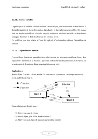 Gestion de production FALLOUL Moulay El Mehdi
45
2.3.2 La tournée variable
Le principe de la tournée variable consiste à fixer chaque jour les tournées en fonction de la
demande (quantité à livrer, localisation des clients) et des véhicules disponibles. On engage
ainsi un nombre variable de véhicules lesquels parcourent un circuit variable, en fonction du
tonnage à distribuer et de la localisation des clients à livrer.
Ce problème peut être résolu à l’aide de logiciels d’optimisation utilisant l’algorithme de
Kruscal.
2.3.2.1 L’algorithme de Kruscal
Cette méthode fournit une approche d’une solution mais pas nécessairement la meilleure. Son
objectif vise à minimiser la distance à parcourir ou la durée de chaque tournée. Elle repose sur
la notion simple de gain ou d’écartement défini comme suit :
Application :
Soit un dépôt O et deux clients A et B. On veut trouver le plus court chemin permettant de
livrer A et B à partir de O.
Deux solutions s’offrent à nous :
(1) Approvisionner A, retouµ
(2) rner au dépôt, puis livrer B et revenir en O.
(3) Approvisionner A puis B au cours de la même tournée.
 