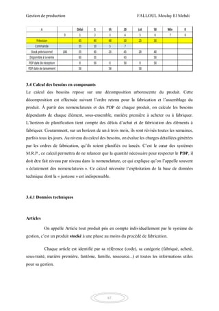 Gestion de production FALLOUL Moulay El Mehdi
67
3.4 Calcul des besoins en composants
Le calcul des besoins repose sur une décomposition arborescente du produit. Cette
décomposition est effectuée suivant l’ordre retenu pour la fabrication et l’assemblage du
produit. À partir des nomenclatures et des PDP de chaque produit, on calcule les besoins
dépendants de chaque élément, sous-ensemble, matière première à acheter ou à fabriquer.
L’horizon de planification tient compte des délais d’achat et de fabrication des éléments à
fabriquer. Couramment, sur un horizon de un à trois mois, ils sont révisés toutes les semaines,
parfois tous les jours. Au niveau du calcul des besoins, on évalue les charges détaillées générées
par les ordres de fabrication, qu’ils soient planifiés ou lancés. C’est le cœur des systèmes
M.R.P., ce calcul permettra de ne relancer que la quantité nécessaire pour respecter le PDP, il
doit être fait niveau par niveau dans la nomenclature, ce qui explique qu’on l’appelle souvent
« éclatement des nomenclatures ». Ce calcul nécessite l’exploitation de la base de données
technique dont la « justesse » est indispensable.
3.4.1 Données techniques
Articles
On appelle Article tout produit pris en compte individuellement par le système de
gestion, c’est un produit stocké à une phase au moins du procédé de fabrication.
Chaque article est identifié par sa référence (code), sa catégorie (fabriqué, acheté,
sous-traité, matière première, fantôme, famille, ressource...) et toutes les informations utiles
pour sa gestion.
 