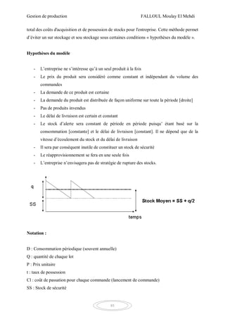 Gestion de production FALLOUL Moulay El Mehdi
85
total des coûts d'acquisition et de possession de stocks pour l'entreprise. Cette méthode permet
d’éviter un sur stockage et sou stockage sous certaines conditions « hypothèses du modèle ».
Hypothèses du modèle
- L’entreprise ne s’intéresse qu’à un seul produit à la fois
- Le prix du produit sera considéré comme constant et indépendant du volume des
commandes
- La demande de ce produit est certaine
- La demande du produit est distribuée de façon uniforme sur toute la période [droite]
- Pas de produits invendus
- Le délai de livraison est certain et constant
- Le stock d’alerte sera constant de période en période puisqu’ étant basé sur la
consommation [constante] et le délai de livraison [constant]. Il ne dépend que de la
vitesse d’écoulement du stock et du délai de livraison
- Il sera par conséquent inutile de constituer un stock de sécurité
- Le réapprovisionnement se fera en une seule fois
- L’entreprise n’envisagera pas de stratégie de rupture des stocks.
Notation :
D : Consommation périodique (souvent annuelle)
Q : quantité de chaque lot
P : Prix unitaire
t : taux de possession
Cl : coût de passation pour chaque commande (lancement de commande)
SS : Stock de sécurité
 