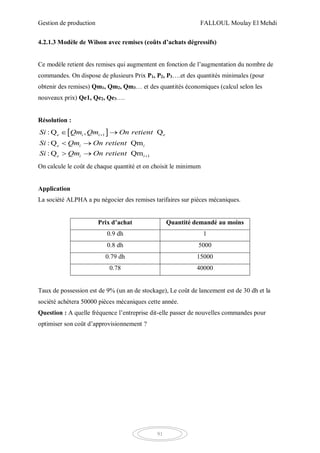 Gestion de production FALLOUL Moulay El Mehdi
91
4.2.1.3 Modèle de Wilson avec remises (coûts d’achats dégressifs)
Ce modèle retient des remises qui augmentent en fonction de l’augmentation du nombre de
commandes. On dispose de plusieurs Prix P1, P2, P3….et des quantités minimales (pour
obtenir des remises) Qm1, Qm2, Qm3… et des quantités économiques (calcul selon les
nouveaux prix) Qe1, Qe2, Qe3….
Résolution :
 1
1
: Q , Q
: Q Qm
: Q Qm
e i i e
e i i
e i i
Si Qm Qm On retient
Si Qm On retient
Si Qm On retient


 
 
 
On calcule le coût de chaque quantité et on choisit le minimum
Application
La société ALPHA a pu négocier des remises tarifaires sur pièces mécaniques.
Prix d’achat Quantité demandé au moins
0.9 dh 1
0.8 dh 5000
0.79 dh 15000
0.78 40000
Taux de possession est de 9% (un an de stockage), Le coût de lancement est de 30 dh et la
société achètera 50000 pièces mécaniques cette année.
Question : A quelle fréquence l’entreprise dit-elle passer de nouvelles commandes pour
optimiser son coût d’approvisionnement ?
 