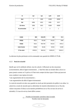Gestion de production FALLOUL Moulay El Mehdi
92
La décision la plus pertinente est de commander une quantité de 40000 à 0.78 dh.
4.2.2 Stock de sécurité
Quelle que soit la méthode utilisée, tous les calculs s’effectuent sur des moyennes
(consommation, délai d’approvisionnement…). Sauf être dans un monde idéal, cela ne se
passe jamais comme on l’a prévu et il faut tenir compte de deux types d’aléas qui peuvent
nous conduire à une rupture de stock :
• une augmentation de la consommation ;
• une augmentation du délai d’approvisionnement.
Le stock de sécurité est alors une quantité en stock qui doit permettre de pallier à ces aléas. Le
calcul de ce stock de sécurité peut se déterminer de manière déterministe (on se fixe des
valeurs moyennes d’aléas) ou de manière probabiliste (on se fixe un taux de service à
atteindre). Ce taux de service étant défini comme :
Nombre de demandes satisfaites dans la totalit
Nombre total de demandes
sT 
Pi 0,9 0,8 0,79 0,78
Qmi 1 5000 15000 40000
Qei 6086 6455 6496 6537
Qi retenu 5000 6455 15000 40000
N commandes 10 7 3 1
CL(Qi) 300 232,378 100 37,5
CP(Qi) 202,5 232,38 533,25 1404
CS(Qi) 502,5 464,758 633,25 1441,5
Coût d'achat 45000 36148 35550 31200
CT du stock 45502,5 36612,8 36183,25 32641,5
 