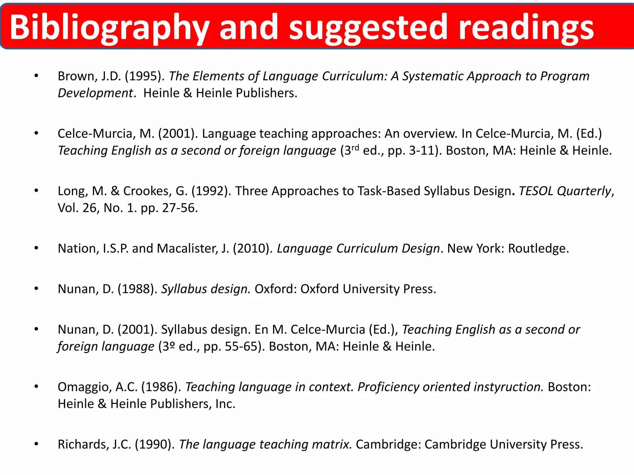 Bibliography and suggested readings 
• Brown, J.D. (1995). The Elements of Language Curriculum: A Systematic Approach to Program 
Development. Heinle & Heinle Publishers. 
• Celce-Murcia, M. (2001). Language teaching approaches: An overview. In Celce-Murcia, M. (Ed.) 
Teaching English as a second or foreign language (3rd ed., pp. 3-11). Boston, MA: Heinle & Heinle. 
• Long, M. & Crookes, G. (1992). Three Approaches to Task-Based Syllabus Design. TESOL Quarterly, 
Vol. 26, No. 1. pp. 27-56. 
• Nation, I.S.P. and Macalister, J. (2010). Language Curriculum Design. New York: Routledge. 
• Nunan, D. (1988). Syllabus design. Oxford: Oxford University Press. 
• Nunan, D. (2001). Syllabus design. En M. Celce-Murcia (Ed.), Teaching English as a second or 
foreign language (3º ed., pp. 55-65). Boston, MA: Heinle & Heinle. 
• Omaggio, A.C. (1986). Teaching language in context. Proficiency oriented instyruction. Boston: 
Heinle & Heinle Publishers, Inc. 
• Richards, J.C. (1990). The language teaching matrix. Cambridge: Cambridge University Press. 
