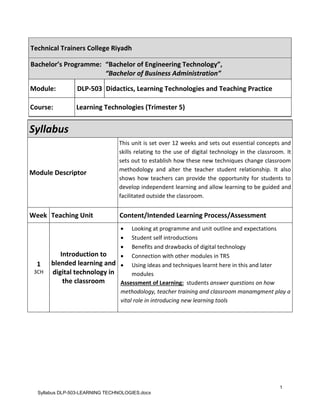 1
Syllabus DLP-503-LEARNING TECHNOLOGIES.docx
Technical Trainers College Riyadh
Bachelor’s Programme: “Bachelor of Engineering Technology”,
“Bachelor of Business Administration”
Module: DLP-503 Didactics, Learning Technologies and Teaching Practice
Course: Learning Technologies (Trimester 5)
Syllabus
Module Descriptor
This unit is set over 12 weeks and sets out essential concepts and
skills relating to the use of digital technology in the classroom. It
sets out to establish how these new techniques change classroom
methodology and alter the teacher student relationship. It also
shows how teachers can provide the opportunity for students to
develop independent learning and allow learning to be guided and
facilitated outside the classroom.
Week Teaching Unit Content/Intended Learning Process/Assessment
1
3CH
Introduction to
blended learning and
digital technology in
the classroom
 Looking at programme and unit outline and expectations
 Student self introductions
 Benefits and drawbacks of digital technology
 Connection with other modules in TR5
 Using ideas and techniques learnt here in this and later
modules
Assessment of Learning: students answer questions on how
methodology, teacher training and classroom manamgment play a
vital role in introducing new learning tools
 