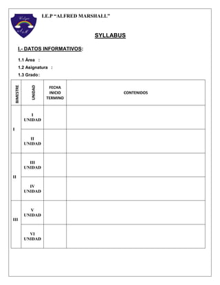 I.E.P “ALFRED MARSHALL”
SYLLABUS
I.- DATOS INFORMATIVOS:
1.1 Área :
1.2 Asignatura :
1.3 Grado:
BIMESTRE
UNIDAD
FECHA
INICIO
TERMINO
CONTENIDOS
I
I
UNIDAD
II
UNIDAD
II
III
UNIDAD
IV
UNIDAD
III
V
UNIDAD
VI
UNIDAD
 