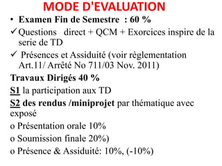 MODE D'EVALUATION
• Examen Fin de Semestre : 60 %
Questions direct + QCM + Exorcices inspire de la
serie de TD
 Présences et Assiduité (voir règlementation
Art.11/ Arrêté No 711/03 Nov. 2011)
Travaux Dirigés 40 %
S1 la participation aux TD
S2 des rendus /miniprojet par thématique avec
exposé
o Présentation orale 10%
o Soumission finale 20%)
o Présence & Assiduité: 10%, (-10%)
 