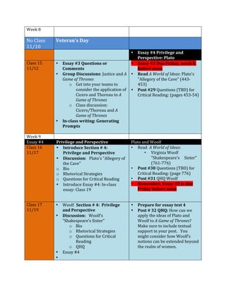 Week 
8 
No 
Class 
11/10 
Veteran’s 
Day 
• Essay 
#4 
Privilege 
and 
Perspective: 
Plato 
Class 
15 
11/12 
• Essay 
#3 
Questions 
or 
Comments 
• Group 
Discussions: 
Justice 
and 
A 
Game 
of 
Thrones 
o Get 
into 
your 
teams 
to 
consider 
the 
application 
of 
Cicero 
and 
Thoreau 
to 
A 
Game 
of 
Thrones 
o Class 
discussion: 
Cicero/Thoreau 
and 
A 
Game 
of 
Thrones 
• In-­‐class 
writing: 
Generating 
Prompts 
• Essay 
#3 
Due 
Friday, 
week 
8, 
before 
noon 
• Read 
A 
World 
of 
Ideas: 
Plato's 
"Allegory 
of 
the 
Cave" 
(443-­‐ 
453) 
• Post 
#29 
Questions 
(TBD) 
for 
Critical 
Reading: 
(pages 
453-­‐54) 
Week 
9 
Essay 
#4 
Privilege 
and 
Perspective 
Plato 
and 
Woolf 
Class 
16 
11/17 
• Introduce 
Section 
# 
4: 
Privilege 
and 
Perspective 
• Discussion: 
Plato's 
"Allegory 
of 
the 
Cave" 
o Bio 
o Rhetorical 
Strategies 
o Questions 
for 
Critical 
Reading 
• Introduce 
Essay 
#4: 
In-­‐class 
essay: 
Class 
19 
A 
World 
of 
Ideas: 
• Virginia 
• Read 
Woolf 
"Shakespeare’s 
Sister" 
(761-­‐776) 
• Post 
#30 
Questions 
(TBD) 
for 
Critical 
Reading: 
(page 
776) 
• Post 
#31 
QHQ 
Woolf 
• Remember, 
Essay 
#3 
is 
due 
Friday 
before 
noon 
Class 
17 
11/19 
• Woolf 
Section 
# 
4: 
Privilege 
and 
Perspective 
• Discussion: 
Woolf's 
“Shakespeare’s 
Sister" 
o Bio 
o Rhetorical 
Strategies 
o Questions 
for 
Critical 
Reading 
o QHQ 
• Essay 
#4 
• 
• Prepare 
for 
essay 
test 
4 
• Post 
# 
32 
QHQ: 
How 
can 
we 
apply 
the 
ideas 
of 
Plato 
and 
Woolf 
to 
A 
Game 
of 
Thrones? 
Make 
sure 
to 
include 
textual 
support 
in 
your 
post. 
You 
might 
consider 
how 
Woolf’s 
notions 
can 
be 
extended 
beyond 
the 
realm 
of 
women. 
 