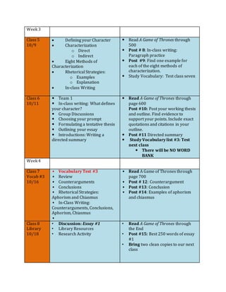 Week 3
Class 5
10/9
 Defining your Character
 Characterization
o Direct
o Indirect
 Eight Methods of
Characterization
 Rhetorical Strategies:
o Examples
o Explanation
 In-class Writing
 Read A Game of Thrones through
500
 Post # 8: In-class writing:
Paragraph practice
 Post #9: Find one example for
each of the eight methods of
characterization.
 Study Vocabulary: Test class seven
Class 6
10/11
 Team 1
 In-class writing: What defines
your character?
 Group Discussions
 Choosing your prompt
 Formulating a tentative thesis
 Outlining your essay
 Introductions: Writing a
directed summary
 Read A Game of Thrones through
page 600
Post #10: Post your working thesis
and outline. Find evidence to
support your points. Include exact
quotations and citations in your
outline.
 Post #11 Directed summary
 Study Vocabulary list #3: Test
next class
 There will be NO WORD
BANK
Week 4
Class 7
Vocab #3
10/16
• Vocabulary Test #3
• Review
• Counterarguments
• Conclusions
• Rhetorical Strategies:
Aphorism and Chiasmus
• In-Class Writing:
Counterarguments, Conclusions,
Aphorism, Chiasmus
•
• Read A Game of Thrones through
page 700
• Post # 12: Counterargument
• Post #13: Conclusion
• Post #14: Examples of aphorism
and chiasmus
Class 8
Library
10/18
• Discussion: Essay #1
• Library Resources
• Research Activity
• Read A Game of Thrones through
the End
• Post #15: Best 250 words of essay
#1
• Bring two clean copies to our next
class
 