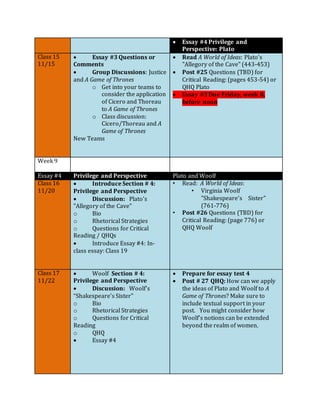  Essay #4 Privilege and
Perspective: Plato
Class 15
11/15
 Essay #3 Questions or
Comments
 Group Discussions: Justice
and A Game of Thrones
o Get into your teams to
consider the application
of Cicero and Thoreau
to A Game of Thrones
o Class discussion:
Cicero/Thoreau and A
Game of Thrones
New Teams
 Read A World of Ideas: Plato's
"Allegory of the Cave" (443-453)
 Post #25 Questions (TBD) for
Critical Reading: (pages 453-54) or
QHQ Plato
 Essay #3 Due Friday, week 8,
before noon
Week 9
Essay #4 Privilege and Perspective Plato and Woolf
Class 16
11/20
 Introduce Section # 4:
Privilege and Perspective
 Discussion: Plato's
"Allegory of the Cave"
o Bio
o Rhetorical Strategies
o Questions for Critical
Reading / QHQs
 Introduce Essay #4: In-
class essay: Class 19
• Read: A World of Ideas:
• Virginia Woolf
"Shakespeare’s Sister"
(761-776)
• Post #26 Questions (TBD) for
Critical Reading: (page 776) or
QHQ Woolf
Class 17
11/22
 Woolf Section # 4:
Privilege and Perspective
 Discussion: Woolf's
“Shakespeare’s Sister"
o Bio
o Rhetorical Strategies
o Questions for Critical
Reading
o QHQ
 Essay #4
 Prepare for essay test 4
 Post # 27 QHQ: How can we apply
the ideas of Plato and Woolf to A
Game of Thrones? Make sure to
include textual support in your
post. You might consider how
Woolf’s notions can be extended
beyond the realm of women.
 