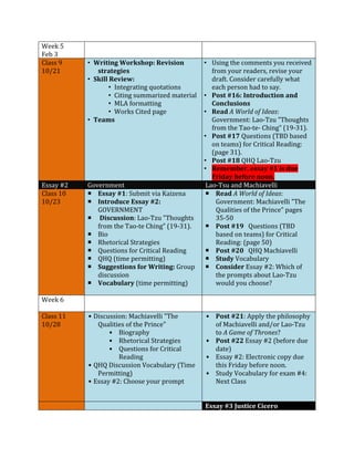 Week 
5 
Feb 
3 
Class 
9 
10/21 
• Writing 
Workshop: 
Revision 
strategies 
• Skill 
Review: 
• Integrating 
quotations 
• Citing 
summarized 
material 
• MLA 
formatting 
• Works 
Cited 
page 
• Teams 
• Using 
the 
comments 
you 
received 
from 
your 
readers, 
revise 
your 
draft. 
Consider 
carefully 
what 
each 
person 
had 
to 
say. 
• Post 
#16: 
Introduction 
and 
Conclusions 
• Read 
A 
World 
of 
Ideas: 
Government: 
Lao-­‐Tzu 
"Thoughts 
from 
the 
Tao-­‐te-­‐ 
Ching” 
(19-­‐31). 
• Post 
#17 
Questions 
(TBD 
based 
on 
teams) 
for 
Critical 
Reading: 
(page 
31). 
• Post 
#18 
QHQ 
Lao-­‐Tzu 
• Remember, 
essay 
#1 
is 
due 
Friday 
before 
noon. 
Essay 
#2 
Government 
Lao-­‐Tsu 
and 
Machiavelli 
Class 
10 
¡ Essay 
#1: 
Submit 
via 
Kaizena 
10/23 
¡ Introduce 
Essay 
#2: 
GOVERNMENT 
¡ 
Discussion: 
Lao-­‐Tzu 
"Thoughts 
from 
the 
Tao-­‐te 
Ching” 
(19-­‐31). 
¡ Bio 
¡ Rhetorical 
Strategies 
¡ Questions 
for 
Critical 
Reading 
¡ QHQ 
(time 
permitting) 
¡ Suggestions 
for 
Writing: 
Group 
discussion 
¡ Vocabulary 
(time 
permitting) 
¡ Read 
A 
World 
of 
Ideas: 
Government: 
Machiavelli 
"The 
Qualities 
of 
the 
Prince” 
pages 
35-­‐50 
¡ Post 
#19 
Questions 
(TBD 
based 
on 
teams) 
for 
Critical 
Reading: 
(page 
50) 
¡ Post 
#20 
QHQ 
Machiavelli 
¡ Study 
Vocabulary 
¡ Consider 
Essay 
#2: 
Which 
of 
the 
prompts 
about 
Lao-­‐Tzu 
would 
you 
choose? 
Week 
6 
Class 
11 
10/28 
• Discussion: 
Machiavelli 
"The 
Qualities 
of 
the 
Prince" 
• Biography 
• Rhetorical 
Strategies 
• Questions 
for 
Critical 
Reading 
• QHQ 
Discussion 
Vocabulary 
(Time 
Permitting) 
• Essay 
#2: 
Choose 
your 
prompt 
• Post 
#21: 
Apply 
the 
philosophy 
of 
Machiavelli 
and/or 
Lao-­‐Tzu 
to 
A 
Game 
of 
Thrones? 
• Post 
#22 
Essay 
#2 
(before 
due 
date) 
• Essay 
#2: 
Electronic 
copy 
due 
this 
Friday 
before 
noon. 
• Study 
Vocabulary 
for 
exam 
#4: 
Next 
Class 
Essay 
#3 
Justice 
Cicero 
 