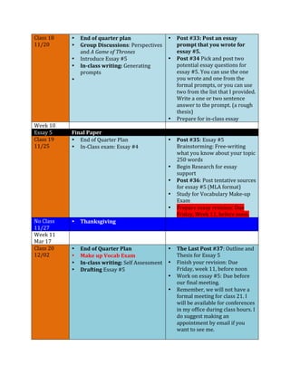 Class 
18 
11/20 
• End 
of 
quarter 
plan 
• Group 
Discussions: 
Perspectives 
and 
A 
Game 
of 
Thrones 
• Introduce 
Essay 
#5 
• In-­‐class 
writing: 
Generating 
prompts 
• 
• Post 
#33: 
Post 
an 
essay 
prompt 
that 
you 
wrote 
for 
essay 
#5. 
• Post 
#34 
Pick 
and 
post 
two 
potential 
essay 
questions 
for 
essay 
#5. 
You 
can 
use 
the 
one 
you 
wrote 
and 
one 
from 
the 
formal 
prompts, 
or 
you 
can 
use 
two 
from 
the 
list 
that 
I 
provided. 
Write 
a 
one 
or 
two 
sentence 
answer 
to 
the 
prompt. 
(a 
rough 
thesis) 
• Prepare 
for 
in-­‐class 
essay 
Week 
10 
Essay 
5 
Final 
Paper 
Class 
19 
11/25 
• End 
of 
Quarter 
Plan 
• In-­‐Class 
exam: 
Essay 
#4 
• Post 
#35: 
Essay 
#5 
Brainstorming: 
Free-­‐writing 
what 
you 
know 
about 
your 
topic 
250 
words 
• Begin 
Research 
for 
essay 
support 
• Post 
#36: 
Post 
tentative 
sources 
for 
essay 
#5 
(MLA 
format) 
• Study 
for 
Vocabulary 
Make-­‐up 
Exam 
• Prepare 
essay 
revision: 
Due 
Friday, 
Week 
11, 
before 
noon. 
No 
Class 
11/27 
• Thanksgiving 
Week 
11 
Mar 
17 
Class 
20 
12/02 
• End 
of 
Quarter 
Plan 
• Make 
up 
Vocab 
Exam 
• In-­‐class 
writing: 
Self 
Assessment 
• Drafting 
Essay 
#5 
• The 
Last 
Post 
#37: 
Outline 
and 
Thesis 
for 
Essay 
5 
• Finish 
your 
revision: 
Due 
Friday, 
week 
11, 
before 
noon 
• Work 
on 
essay 
#5: 
Due 
before 
our 
final 
meeting. 
• Remember, 
we 
will 
not 
have 
a 
formal 
meeting 
for 
class 
21. 
I 
will 
be 
available 
for 
conferences 
in 
my 
office 
during 
class 
hours. 
I 
do 
suggest 
making 
an 
appointment 
by 
email 
if 
you 
want 
to 
see 
me. 
 