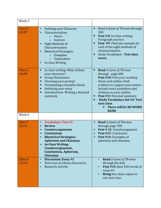 Week 
3 
Class 
5 
10/07 
• Defining 
your 
Character 
• Characterization 
o Direct 
o Indirect 
• Eight 
Methods 
of 
Characterization 
• Rhetorical 
Strategies: 
o Examples 
o Explanation 
• In-­‐class 
Writing 
— Read 
A 
Game 
of 
Thrones 
through 
500 
— Post 
# 
8: 
In-­‐class 
writing: 
Paragraph 
practice 
— Post 
#9: 
Find 
one 
example 
for 
each 
of 
the 
eight 
methods 
of 
characterization. 
— Study 
Vocabulary: 
Test 
class 
seven 
Class 
6 
10/09 
— In-­‐class 
writing: 
What 
defines 
your 
character? 
— Group 
Discussions 
— Choosing 
your 
prompt 
— Formulating 
a 
tentative 
thesis 
— Outlining 
your 
essay 
— Introductions: 
Writing 
a 
directed 
summary 
— Read 
A 
Game 
of 
Thrones 
through 
page 
600 
Post 
#10: 
Post 
your 
working 
thesis 
and 
outline. 
Find 
evidence 
to 
support 
your 
points. 
Include 
exact 
quotations 
and 
citations 
in 
your 
outline. 
— Post 
#11 
Directed 
summary 
— 
Study 
Vocabulary 
list 
#3: 
Test 
next 
class 
— There 
will 
be 
NO 
WORD 
BANK 
Week 
4 
Class 
7 
10/14 
• Vocabulary 
Test 
#3 
• Review 
• Counterarguments 
• Conclusions 
• Rhetorical 
Strategies: 
Aphorism 
and 
Chiasmus 
• In-­‐Class 
Writing: 
Counterarguments, 
Conclusions, 
Aphorism, 
Chiasmus 
• Read 
A 
Game 
of 
Thrones 
through 
page 
700 
• Post 
# 
12: 
Counterargument 
• Post 
#13: 
Conclusion 
• Post 
#14: 
Examples 
of 
aphorism 
and 
chiasmus 
Class 
8 
10/16 
• Discussion: 
Essay 
#1 
• Overview 
of 
Library 
Resources 
• Research 
Activity 
• Read 
A 
Game 
of 
Thrones 
through 
the 
End 
• Post 
#15: 
Best 
250 
words 
of 
essay 
#1 
• Bring 
two 
clean 
copies 
to 
our 
next 
class 
 