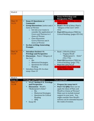 Week 
8 
• Essay 
#4 
Privilege 
and 
Perspective: 
Plato 
Class 
15 
11/11 
• Essay 
#3 
Questions 
or 
Comments 
• Group 
Discussions: 
Justice 
and 
A 
Game 
of 
Thrones 
o Get 
into 
your 
teams 
to 
consider 
the 
application 
of 
Cicero 
and 
Thoreau 
to 
A 
Game 
of 
Thrones 
o Class 
discussion: 
Cicero/Thoreau 
and 
A 
Game 
of 
Thrones 
• In-­‐class 
writing: 
Generating 
Prompts 
• Essay 
#3 
Due 
Friday, 
week 
8, 
before 
noon 
• Read 
A 
World 
of 
Ideas: 
Plato's 
"Allegory 
of 
the 
Cave" 
(443-­‐ 
453) 
• Post 
#29 
Questions 
(TBD) 
for 
Critical 
Reading: 
(pages 
453-­‐54) 
Class 
16 
11/13 
• Introduce 
Section 
# 
4: 
Privilege 
and 
Perspective 
• Discussion: 
Plato's 
"Allegory 
of 
the 
Cave" 
o Bio 
o Rhetorical 
Strategies 
o Questions 
for 
Critical 
Reading 
• Introduce 
Essay 
#4: 
In-­‐class 
essay: 
Class 
19 
• Read: 
A 
World 
of 
Ideas: 
o Virginia 
Woolf 
"Shakespeare’s 
Sister" 
(761-­‐776) 
• Post 
#30 
Questions 
(TBD) 
for 
Critical 
Reading: 
(page 
776) 
• Post 
#31 
QHQ 
Woolf 
• Remember, 
Essay 
#3 
is 
due 
Friday 
before 
noon 
Week 
9 
Essay 
#4 
Privilege 
and 
Perspective 
Plato 
and 
Woolf 
Class 
17 
11/18 
• Woolf 
Section 
# 
4: 
Privilege 
and 
Perspective 
• Discussion: 
Woolf's 
“Shakespeare’s 
Sister" 
o Bio 
o Rhetorical 
Strategies 
o Questions 
for 
Critical 
Reading 
o QHQ 
• Essay 
#4 
• Prepare 
for 
essay 
test 
4 
• Post 
# 
32 
QHQ: 
How 
can 
we 
apply 
the 
ideas 
of 
Plato 
and 
Woolf 
to 
A 
Game 
of 
Thrones? 
Make 
sure 
to 
include 
textual 
support 
in 
your 
post. 
You 
might 
consider 
how 
Woolf’s 
notions 
can 
be 
extended 
beyond 
the 
realm 
of 
women. 
 