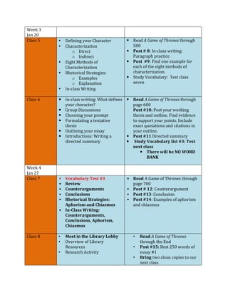 Week	
  3	
  
Jan	
  20	
  
Class	
  5	
  

	
  
•
•

•
•

Class	
  6	
  

Week	
  4	
  
Jan	
  27	
  
Class	
  7	
  
	
  

Class	
  8	
  
	
  

	
  
Defining	
  your	
  Character	
  
Characterization	
  
o Direct	
  
o Indirect	
  
Eight	
  Methods	
  of	
  
Characterization	
  
Rhetorical	
  Strategies:	
  	
  
o Examples	
  
o Explanation	
  
In-­‐class	
  Writing	
  

— Read	
  A	
  Game	
  of	
  Thrones	
  through	
  
500	
  	
  
— Post	
  #	
  8:	
  In-­‐class	
  writing:	
  
Paragraph	
  practice	
  	
  	
  	
  	
  	
  	
  	
  	
  	
  	
  	
  	
  	
  	
  	
  	
  	
  	
  	
  	
  	
  	
  	
  	
  	
  	
  	
  	
  	
  	
  	
  	
  	
  	
  	
  	
  	
  	
  	
  	
  	
  	
  	
  	
  	
  	
  	
  	
  	
  
— Post	
  	
  #9:	
  Find	
  one	
  example	
  for	
  
each	
  of	
  the	
  eight	
  methods	
  of	
  
characterization.	
  	
  
— Study	
  Vocabulary:	
  	
  Test	
  class	
  
seven	
  
	
  

•
	
  
— In-­‐class	
  writing:	
  What	
  defines	
   — Read	
  A	
  Game	
  of	
  Thrones	
  through	
  	
  	
  
your	
  character?	
  
page	
  600	
  	
  	
  	
  	
  	
  	
  	
  	
  	
  	
  	
  	
  	
  	
  	
  	
  	
  	
  	
  	
  	
  	
  	
  	
  	
  	
  	
  	
  	
  	
  	
  	
  	
  	
  	
  	
  	
  	
  	
  	
  	
  	
  	
  	
  	
  	
  	
  	
  	
  	
  	
  
— Group	
  Discussions	
  
Post	
  #10:	
  Post	
  your	
  working	
  
— Choosing	
  your	
  prompt	
  
thesis	
  and	
  outline.	
  Find	
  evidence	
  
— Formulating	
  a	
  tentative	
  
to	
  support	
  your	
  points.	
  Include	
  
thesis	
  
exact	
  quotations	
  and	
  citations	
  in	
  
— Outlining	
  your	
  essay	
  
your	
  outline.	
  	
  
— Introductions:	
  Writing	
  a	
  
— Post	
  #11	
  Directed	
  summary	
  
directed	
  summary	
  
— 	
  Study	
  Vocabulary	
  list	
  #3:	
  Test	
  
	
  
next	
  class	
  
— There	
  will	
  be	
  NO	
  WORD	
  
BANK	
  	
  
	
  
	
  
	
  
•
•
•
•
•

Vocabulary	
  Test	
  #3	
  
Review	
  
Counterarguments	
  
Conclusions	
  
Rhetorical	
  Strategies:	
  	
  
Aphorism	
  and	
  Chiasmus	
  
• In-­‐Class	
  Writing:	
  
Counterarguments,	
  
Conclusions,	
  Aphorism,	
  
Chiasmus	
  
	
  
• Meet	
  in	
  the	
  Library	
  Lobby	
  
• Overview	
  of	
  Library	
  
Resources	
  
• Research	
  Activity	
  
	
  

• Read	
  A	
  Game	
  of	
  Thrones	
  through	
  
page	
  700	
  	
  	
  
• Post	
  #	
  12:	
  Counterargument	
  
• Post	
  #13:	
  Conclusion	
  
• Post	
  #14:	
  Examples	
  of	
  aphorism	
  
and	
  chiasmus	
  
	
  

•
•
•

Read	
  A	
  Game	
  of	
  Thrones	
  
through	
  the	
  End	
  	
  	
  	
  	
  	
  	
  	
  	
  	
  	
  	
  	
  	
  	
  	
  	
  	
  	
  	
  	
  	
  	
  	
  	
  	
  	
  	
  	
  	
  	
  	
  	
  	
  	
  	
  	
  	
  	
  	
  	
  	
  	
  	
  	
  	
  	
  	
  	
  	
  	
  	
  	
  	
  	
  
Post	
  #15:	
  Best	
  250	
  words	
  of	
  
essay	
  #1	
  
Bring	
  two	
  clean	
  copies	
  to	
  our	
  
next	
  class	
  

 