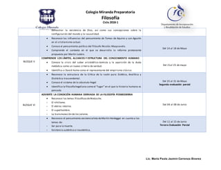 Colegio Miranda Preparatoria
Filosofía
Ciclo 2018-1
Lic. María Paola Jazmín Carranza Álvarez
demostrar la existencia de Dios, así como sus concepciones sobre la
configuración del mundo y la causalidad.
 Reconoce las influencias del pensamiento de Tomas de Aquino y san Agustín
en el cristianismo actual.
 Conoce el pensamiento político del filósofo Nicolás Maquiavelo.
 Comprende el contexto en el que se desarrolla la reforma protestante
propuesta por Martin Lutero.
Del 14 al 18 de Mayo
BLOQUE V
COMPRENDE LOS LÍMITES, ALCANCES Y ESTRUCTURA DEL CONOCIMIENTO HUMANO
 Conoce la crisis del saber aristotélico-tomista y la aparición de la duda
metódica como un nuevo criterio de verdad.
 Identifica a David Hume como el representante del empirismo clásico.
Del 21al 25 de mayo
 Reconoce la estructura de la Crítica de la razón pura: Estética, Analítica y
Dialéctica trascendental.
 Conoce el sistema de lo absoluto Hegel
 Identifica la filosofíahegeliana como el “lugar” en el que la historia humana es
pensada
Del 25 al 31 de Mayo
Segunda evaluación parcial
BLOQUE VI
ADVIERTE LA CONDICIÓN HUMANA DERIVADA DE LA FILOSOFÍA POSMODERNA
 Reconoce los temas filosóficosdeNietzsche.
- El nihilismo.
- El eterno retorno.
- El superhombre.
- La transmutación de los valores.
Del 04 al 08 de Junio
 Reconoce el pensamiento existencialista deMartin Heidegger en cuanto a los
temas de:
- Ser para la muerte.
- Existencia auténtica e inauténtica.
Del 11 al 15 de Junio
Tercera Evaluación Parcial
 