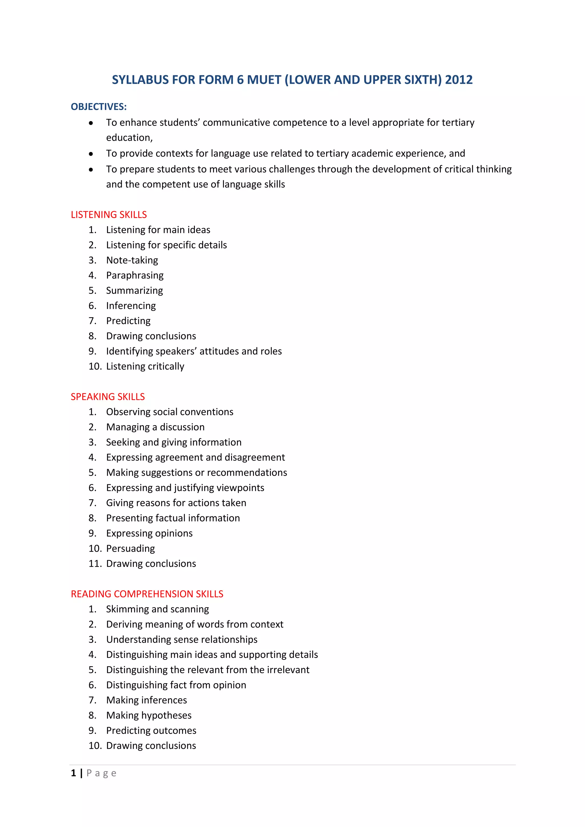 SYLLABUS FOR FORM 6 MUET (LOWER AND UPPER SIXTH) 2012
OBJECTIVES:
       To enhance students’ communicative competence to a level appropriate for tertiary
       education,
       To provide contexts for language use related to tertiary academic experience, and
       To prepare students to meet various challenges through the development of critical thinking
       and the competent use of language skills

LISTENING SKILLS
    1. Listening for main ideas
    2. Listening for specific details
    3. Note-taking
    4. Paraphrasing
    5. Summarizing
    6. Inferencing
    7. Predicting
    8. Drawing conclusions
    9. Identifying speakers’ attitudes and roles
    10. Listening critically

SPEAKING SKILLS
   1. Observing social conventions
   2. Managing a discussion
   3. Seeking and giving information
   4. Expressing agreement and disagreement
   5. Making suggestions or recommendations
   6. Expressing and justifying viewpoints
   7. Giving reasons for actions taken
   8. Presenting factual information
   9. Expressing opinions
   10. Persuading
   11. Drawing conclusions

READING COMPREHENSION SKILLS
   1. Skimming and scanning
   2. Deriving meaning of words from context
   3. Understanding sense relationships
   4. Distinguishing main ideas and supporting details
   5. Distinguishing the relevant from the irrelevant
   6. Distinguishing fact from opinion
   7. Making inferences
   8. Making hypotheses
   9. Predicting outcomes
   10. Drawing conclusions

1|Page
 