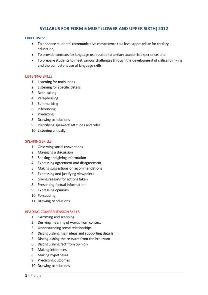 syllabus for form 6 muet new format syllabus format