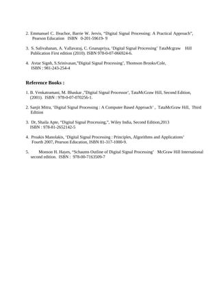 2. Emmanuel C. Ifeachor, Barrie W. Jervis, “Digital Signal Processing: A Practical Approach”,
Pearson Education ISBN 0-201-59619- 9
3. S. Salivahanan, A. Vallavaraj, C. Gnanapriya, ‘Digital Signal Processing’ TataMcgraw Hill
Publication First edition (2010). ISBN 978-0-07-066924-6.
4. Avtar Signh, S.Srinivasan,”Digital Signal Processing’, Thomson Brooks/Cole,
ISBN : 981-243-254-4
Reference Books :
1. B. Venkatramani, M. Bhaskar ,”Digital Signal Processor’, TataMcGraw Hill, Second Edition,
(2001). ISBN : 978-0-07-070256-1.
2. Sanjit Mitra, ‘Digital Signal Processing : A Computer Based Approach’ , TataMcGraw Hill, Third
Edition
3. Dr, Shaila Apte, “Digital Signal Processing,”, Wiley India, Second Edition,2013
ISBN : 978-81-2652142-5
4. Proakis Manolakis, ‘Digital Signal Processing : Principles, Algorithms and Applications’
Fourth 2007, Pearson Education, ISBN 81-317-1000-9.
5. Monson H. Hayes, “Schaums Outline of Digital Signal Processing’ McGraw Hill International
second edition. ISBN : 978-00-7163509-7
 