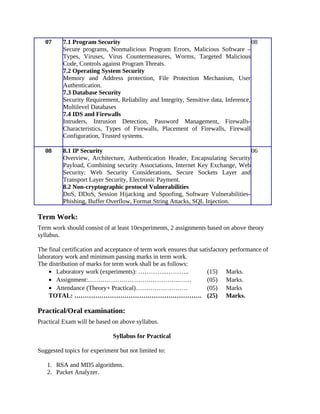 07 7.1 Program Security
Secure programs, Nonmalicious Program Errors, Malicious Software –
Types, Viruses, Virus Countermeasures, Worms, Targeted Malicious
Code, Controls against Program Threats.
7.2 Operating System Security
Memory and Address protection, File Protection Mechanism, User
Authentication.
7.3 Database Security
Security Requirement, Reliability and Integrity, Sensitive data, Inference,
Multilevel Databases
7.4 IDS and Firewalls
Intruders, Intrusion Detection, Password Management, Firewalls-
Characteristics, Types of Firewalls, Placement of Firewalls, Firewall
Configuration, Trusted systems.
08
08 8.1 IP Security
Overview, Architecture, Authentication Header, Encapsulating Security
Payload, Combining security Associations, Internet Key Exchange, Web
Security: Web Security Considerations, Secure Sockets Layer and
Transport Layer Security, Electronic Payment.
8.2 Non-cryptographic protocol Vulnerabilities
DoS, DDoS, Session Hijacking and Spoofing, Software Vulnerabilities-
Phishing, Buffer Overflow, Format String Attacks, SQL Injection.
06
Term Work:
Term work should consist of at least 10experiments, 2 assignments based on above theory
syllabus.
The final certification and acceptance of term work ensures that satisfactory performance of
laboratory work and minimum passing marks in term work.
The distribution of marks for term work shall be as follows:
• Laboratory work (experiments): …………..……….. (15) Marks.
• Assignment:……………………………………..…… (05) Marks.
• Attendance (Theory+ Practical)……………………. (05) Marks
TOTAL: ……………………………………………………. (25) Marks.
Practical/Oral examination:
Practical Exam will be based on above syllabus.
Syllabus for Practical
Suggested topics for experiment but not limited to:
1. RSA and MD5 algorithms.
2. Packet Analyzer.
 