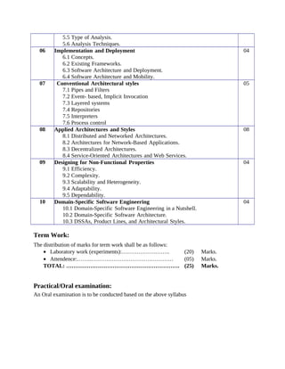 5.5 Type of Analysis.
5.6 Analysis Techniques.
06 Implementation and Deployment
6.1 Concepts.
6.2 Existing Frameworks.
6.3 Software Architecture and Deployment.
6.4 Software Architecture and Mobility.
04
07 Conventional Architectural styles
7.1 Pipes and Filters
7.2 Event- based, Implicit Invocation
7.3 Layered systems
7.4 Repositories
7.5 Interpreters
7.6 Process control
05
08 Applied Architectures and Styles
8.1 Distributed and Networked Architectures.
8.2 Architectures for Network-Based Applications.
8.3 Decentralized Architectures.
8.4 Service-Oriented Architectures and Web Services.
08
09 Designing for Non-Functional Properties
9.1 Efficiency.
9.2 Complexity.
9.3 Scalability and Heterogeneity.
9.4 Adaptability.
9.5 Dependability.
04
10 Domain-Specific Software Engineering
10.1 Domain-Specific Software Engineering in a Nutshell.
10.2 Domain-Specific Software Architecture.
10.3 DSSAs, Product Lines, and Architectural Styles.
04
Term Work:
The distribution of marks for term work shall be as follows:
• Laboratory work (experiments):…………………….. (20) Marks.
• Attendence:…….……………………………………… (05) Marks.
TOTAL: ……………………………………………………. (25) Marks.
Practical/Oral examination:
An Oral examination is to be conducted based on the above syllabus
 
