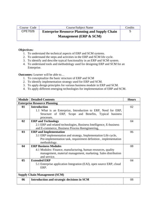 Course Code Course/Subject Name Credits
CPE7026 Enterprise Resource Planning and Supply Chain
Management (ERP & SCM)
5
Objectives:
1. To understand the technical aspects of ERP and SCM systems.
2. To understand the steps and activities in the ERP and SCM life cycle.
3. To identify and describe typical functionality in an ERP and SCM system.
4. To understand tools and methodology used for designing ERP and SCM for an
Enterprise.
Outcomes: Learner will be able to…
1. To conceptualize the basic structure of ERP and SCM
2. To identify implementation strategy used for ERP and SCM.
3. To apply design principles for various business module in ERP and SCM.
4. To apply different emerging technologies for implementation of ERP and SCM.
Module Detailed Contents Hours
Enterprise Resource Planning
01 Introduction
1.1 What is an Enterprize, Introduction to ERP, Need for ERP,
Structure of ERP, Scope and Benefits, Typical business
processes.
02
02 ERP and Technology
2.1 ERP and related technologies, Business Intelligence, E-business
and E-commerce, Business Process Reengineering,
04
03 ERP and Implementation
3.1 ERP implementation and strategy, Implementation Life cycle,
Pre-implementation task, requirement definition , implementation
methodology.
06
04 ERP Business Modules
4.1 Modules: Finance, manufacturing, human resources, quality
management, material management, marketing. Sales distribution
and service.
08
05 Extended ERP
5.1 Enterprise application Integration (EAI), open source ERP, cloud
ERP.
04
Supply Chain Management (SCM)
06 Introduction and strategic decisions in SCM 08
 