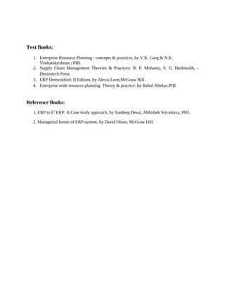 Text Books:
1. Enterprise Resource Planning : concepts & practices, by V.K. Garg & N.K.
Venkatakrishnan ; PHI.
2. Supply Chain Management Theories & Practices: R. P. Mohanty, S. G. Deshmukh, -
Dreamtech Press.
3. ERP Demystified: II Edition, by Alexis Leon,McGraw Hill .
4. Enterprise wide resource planning: Theory & practice: by Rahul Altekar,PHI.
Reference Books:
1. ERP to E2
ERP: A Case study approach, by Sandeep Desai, Abhishek Srivastava, PHI.
2. Managerial Issues of ERP system, by David Olson, McGraw Hill.
 