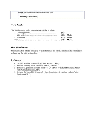 Scope: To understand Network & system tools
Technology: Networking
Term Work:
The distribution of marks for term work shall be as follows:
• Lab Assignments:........................................................ (10)
• Mini project:……………………………….………… (10) Marks.
• Attendance …………………………...……………. (05) Marks
TOTAL: ……………………………………………………. (25) Marks.
Oral examination:
Oral examination is to be conducted by pair of internal and external examiners based on above
syllabus and the mini projects done.
References:
1. Network Security Assessment by Chris McNab, O’Reilly
2. Network Security Hacks, Andrew Lockhart, O’Reilly
3. The Web Application Hacker’s Handbook 2nd
Edition by Dafydd Stuttard & Marcus
Pinto,Wiley Publication(2014).
4. Securing the Virtual Environment by Davi Ottenheimer & Matthew Wallace,Willey
Publication(2012).
 