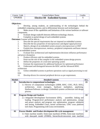 Course Code Course/Subject Name Credits
CPE8032 Elective-III   Embedded Systems 5
Objectives:
1. Develop, among students, an understanding of the technologies behind the
embedded computing systems; and to differentiate between such technologies.
2. Make aware of the capabilities and limitations of the various hardware or software
components.
3. Evaluate design tradeoffs between different technology choices.
4. Complete or partial design of such embedded systems
Outcomes: Learner will be able to…
1. Describe the special requirements that are imposed on embedded systems
2. Describe the key properties of microprocessor and digital signal processor
3. Sketch a design of an embedded system around a microprocessor or DSP
4. Explain how microprocessor, memory, peripheral components and buses interact
in an embedded system
5. Evaluate how architectural and implementation decisions influence performance
and power dissipation
6. Produce efficient code for embedded systems
7. Point out the role of the compiler in the embedded system design process
8. Define the properties of a real-time operating system
9. Estimate the requirement for additional hardware for optimized performance
10. Understand and distinguish between the RISC and the Advanced RISC
architecture
11. Utilize embedded systems to perform operations such as signal processing in real
time
12. Develop drivers for external peripheral devices as per requirement.
Module Detailed Contents Hrs.
01 Introduction to computational technologies
1.1 Review of computation technologies (ARM, RISC, CISC, PLD, SOC),
architecture, event managers, hardware multipliers, pipelining.
Hardware/Software co-design. Embedded systems architecture and design
process.
08
02 Program Design and Analysis
2.1 Integrated Development Environment (IDE), assembler, linking and
loading. Program-level performance analysis and optimization, energy
and power analysis and program size optimization, program validation
and testing. Embedded Linux, kernel architecture, GNU cross platform
tool chain. Programming with Linux environment.
08
03 Process Models and Product development life cycle management
3.1 State machine models: finite-state machines (FSM), finite-state machines
with data-path model (FSMD), hierarchical/concurrent state machine
08
 