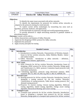 Course Code Course/Subject Name Credits
CPE8033 Elective-III   Adhoc Wireless Networks 5
Objectives:
1. To Identify the major issues associated with ad-hoc networks
2. To identify the requirements for protocols for wireless ad-hoc networks as
compared to the protocols existing for wired network.
3. To explore current ad-hoc technologies by researching key areas such as
algorithms, protocols, hardware, and applications.
4. To Provide hands-on experience through real-world programming projects
5. To provide advanced in –depth networking materials to graduate students in
networking research.
Outcomes: Learner will be able to…
1. Define characteristics and features of Adhoc Networks
2. Appreciate the designing of MAC protocol for Adhoc networks
3. Implement few protocols
4. Apply security principles for routing
Module Detailed Contents Hrs.
01 Introduction
1.1 Introduction to wireless Networks. Characteristics of Wireless channel,
Issues in Ad hoc wireless networks, Adhoc Mobility Models:- Indoor
and outdoor models.
1.2 Adhoc Networks: Introduction to adhoc networks – definition,
characteristics features, applications.
04
02 MAC Layer
2.1 MAC Protocols for Ad hoc wireless Networks: Introduction, Issues in
designing a MAC protocol for Ad hoc wireless Networks, Design goals
and Classification of a MAC protocol, Contention based protocols with
reservation mechanisms.
2.2 Scheduling algorithms, protocols using directional antennas. IEEE
standards: 802.11a, 802.11b, 802.11g, 802.15, 802.16, HIPERLAN.
10
03 Network Layer
3.1 Routing protocols for Ad hoc wireless Networks: Introduction, Issues in
designing a routing protocol for Ad hoc wireless Networks,
Classification of routing protocols, Table driven routing protocol, On-
demand routing protocol.
3.2 Proactive Vs reactive routing, Unicast routing algorithms, Multicast
routing algorithms, hybrid routing algorithm, Energy aware routing
algorithm, Hierarchical Routing, QoS aware routing.
10
04 Transport Layer
4.1 Transport layer protocols for Ad hoc wireless Networks: Introduction,
Issues in designing a transport layer protocol for Ad hoc wireless
Networks, Design goals of a transport layer protocol for Ad hoc wireless
07
 