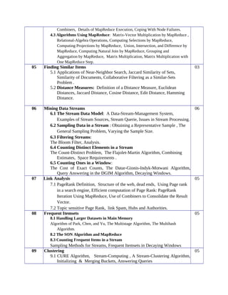 Combiners, Details of MapReduce Execution, Coping With Node Failures.
4.3 Algorithms Using MapReduce: Matrix-Vector Multiplication by MapReduce ,
Relational-Algebra Operations, Computing Selections by MapReduce,
Computing Projections by MapReduce, Union, Intersection, and Difference by
MapReduce, Computing Natural Join by MapReduce, Grouping and
Aggregation by MapReduce, Matrix Multiplication, Matrix Multiplication with
One MapReduce Step.
05 Finding Similar Items
5.1 Applications of Near-Neighbor Search, Jaccard Similarity of Sets,
Similarity of Documents, Collaborative Filtering as a Similar-Sets
Problem .
5.2 Distance Measures: Definition of a Distance Measure, Euclidean
Distances, Jaccard Distance, Cosine Distance, Edit Distance, Hamming
Distance.
03
06 Mining Data Streams
6.1 The Stream Data Model: A Data-Stream-Management System,
Examples of Stream Sources, Stream Querie, Issues in Stream Processing.
6.2 Sampling Data in a Stream : Obtaining a Representative Sample , The
General Sampling Problem, Varying the Sample Size.
6.3 Filtering Streams:
The Bloom Filter, Analysis.
6.4 Counting Distinct Elements in a Stream
The Count-Distinct Problem, The Flajolet-Martin Algorithm, Combining
Estimates, Space Requirements .
6.5 Counting Ones in a Window:
The Cost of Exact Counts, The Datar-Gionis-Indyk-Motwani Algorithm,
Query Answering in the DGIM Algorithm, Decaying Windows.
06
07 Link Analysis
7.1 PageRank Definition, Structure of the web, dead ends, Using Page rank
in a search engine, Efficient computation of Page Rank: PageRank
Iteration Using MapReduce, Use of Combiners to Consolidate the Result
Vector.
7.2 Topic sensitive Page Rank, link Spam, Hubs and Authorities.
05
08 Frequent Itemsets
8.1 Handling Larger Datasets in Main Memory
Algorithm of Park, Chen, and Yu, The Multistage Algorithm, The Multihash
Algorithm.
8.2 The SON Algorithm and MapReduce
8.3 Counting Frequent Items in a Stream
Sampling Methods for Streams, Frequent Itemsets in Decaying Windows
05
09 Clustering
9.1 CURE Algorithm, Stream-Computing , A Stream-Clustering Algorithm,
Initializing & Merging Buckets, Answering Queries
05
 