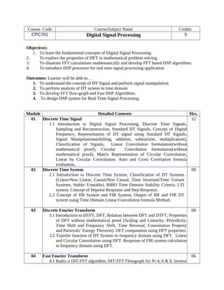 Course Code Course/Subject Name Credits
CPC701 Digital Signal Processing 5
Objectives:
1. To learn the fundamental concepts of Digital Signal Processing.
2. To explore the properties of DFT in mathematical problem solving.
3. To illustrate FFT calculations mathematically and develop FFT based DSP algorithms.
4. To introduce DSP processor for real time signal processing application
Outcomes: Learner will be able to…
1. To understand the concept of DT Signal and perform signal manipulation
2. To perform analysis of DT system in time domain
3. To develop FFT flow-graph and Fast DSP Algorithms.
4. To design DSP system for Real Time Signal Processing.
Module Detailed Contents Hrs.
01 Discrete Time Signal
1.1 Introduction to Digital Signal Processing, Discrete Time Signals,
Sampling and Reconstruction, Standard DT Signals, Concept of Digital
Frequency, Representation of DT signal using Standard DT Signals,
Signal Manipulations(shifting, addition, subtraction, multiplication),
Classification of Signals, Linear Convolution formulation(without
mathematical proof), Circular Convolution formulation(without
mathematical proof), Matrix Representation of Circular Convolution,
Linear by Circular Convolution. Auto and Cross Correlation formula
evaluation,
12
02 Discrete Time System
2.1 Introduction to Discrete Time System, Classification of DT Systems
(Linear/Non Linear, Causal/Non Causal, Time Invariant/Time Variant
Systems, Stable/ Unstable), BIBO Time Domain Stability Criteria. LTI
system, Concept of Impulse Response and Step Response.
2.2 Concept of IIR System and FIR System, Output of IIR and FIR DT
system using Time Domain Linear Convolution formula Method.
08
03 Discrete Fourier Transform
3.1 Introduction to DTFT, DFT, Relation between DFT and DTFT, Properties
of DFT without mathematical proof (Scaling and Linearity, Periodicity,
Time Shift and Frequency Shift, Time Reversal, Convolution Property
and Parsevals’ Energy Theorem). DFT computation using DFT properties.
3.2 Transfer function of DT System in frequency domain using DFT. Linear
and Circular Convolution using DFT. Response of FIR system calculation
in frequency domain using DFT.
08
04 Fast Fourier Transform
4.1 Radix-2 DIT-FFT algorithm, DIT-FFT Flowgraph for N=4, 6 & 8, Inverse
06
 