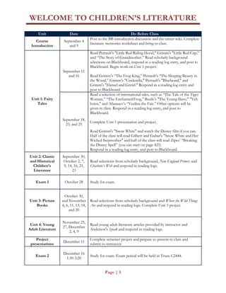 WELCOME TO CHILDREN’S LITERATURE
Page | 5
Unit Date Do Before Class
Course
Introduction
September 4
and 9
Post to the BB introduction discussion and the career wiki. Complete
literature memories worksheet and bring to class.
Unit 1: Fairy
Tales
September 11
and 16
Read Perrault's "Little Red Riding Hood," Grimm's "Little Red Cap,”
and “The Story of Grandmother.” Read scholarly background
selections on Blackboard, respond in a reading log entry, and post to
Blackboard. Begin work on Unit 1 project.
Read Grimm’s “The Frog King,” Perrault’s “The Sleeping Beauty in
the Wood,” Grimm's "Cinderella," Perrault's "Bluebeard," and
Grimm's "Hansel and Gretel." Respond in a reading log entry and
post to Blackboard.
September 18,
23, and 25
Read a selection of international tales, such as “The Tale of the Tiger
Woman,” “The Enchanted Frog,” Basile’s "The Young Slave," "Yeh-
hsien," and Afanasev’s “Vasilisa the Fair.” Other options will be
given in class. Respond in a reading log entry, and post to
Blackboard.
Complete Unit 1 presentation and project.
Read Grimm's "Snow White" and watch the Disney film if you can.
Half of the class will read Gilbert and Gubar's "Snow White and Her
Wicked Stepmother" and half of the class will read Zipes’ “Breaking
the Disney Spell” (you can start on page 425)
Respond in a reading log entry, and post to Blackboard.
Unit 2: Classic
and Historical
Children’s
Literature
September 30,
October 2, 7,
9, 14, 16, 21,
23
Read selections from scholarly background, New England Primer, and
Charlotte’s Web and respond in reading logs.
Exam 1 October 28 Study for exam.
Unit 3: Picture
Books
October 30,
and November
4, 6, 11, 13, 18,
and 20
Read selections from scholarly background and Where the Wild Things
Are and respond in reading logs. Complete Unit 3 project.
Unit 4: Young
Adult Literature
November 25,
27, December
2, 4, 9
Read young adult literature articles provided by instructor and
Anderson's Speak and respond in reading logs.
Project
presentations
December 11
Complete semester project and prepare to present to class and
submit to instructor
Exam 2
December 16
1:30-3:20
Study for exam. Exam period will be held in Truax C2444.
 