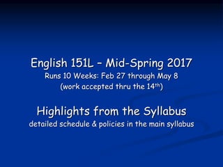 English 151L – Mid-Spring 2017
Runs 10 Weeks: Feb 27 through May 8
(work accepted thru the 14th)
Highlights from the Syllabus
detailed schedule & policies in the main syllabus
 
