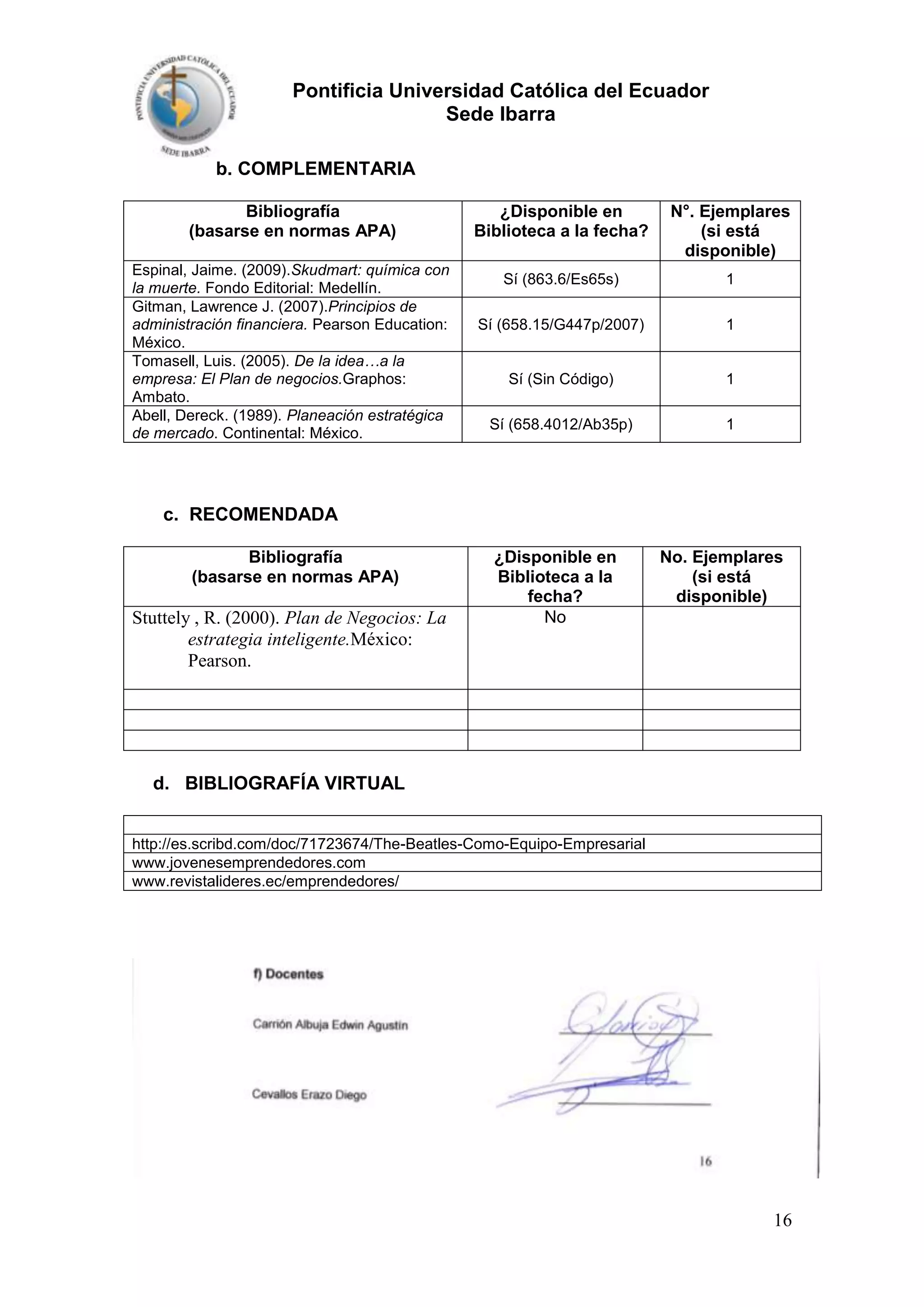 Pontificia Universidad Católica del Ecuador
Sede Ibarra
b. COMPLEMENTARIA
Bibliografía
(basarse en normas APA)
Espinal, Jaime. (2009).Skudmart: química con
la muerte. Fondo Editorial: Medellín.
Gitman, Lawrence J. (2007).Principios de
administración financiera. Pearson Education:
México.
Tomasell, Luis. (2005). De la idea…a la
empresa: El Plan de negocios.Graphos:
Ambato.
Abell, Dereck. (1989). Planeación estratégica
de mercado. Continental: México.

¿Disponible en
Biblioteca a la fecha?

N°. Ejemplares
(si está
disponible)

Sí (863.6/Es65s)

1

Sí (658.15/G447p/2007)

1

Sí (Sin Código)

1

Sí (658.4012/Ab35p)

1

c. RECOMENDADA
Bibliografía
(basarse en normas APA)

Stuttely , R. (2000). Plan de Negocios: La
estrategia inteligente.México:
Pearson.

¿Disponible en
Biblioteca a la
fecha?
No

No. Ejemplares
(si está
disponible)

d. BIBLIOGRAFÍA VIRTUAL
http://es.scribd.com/doc/71723674/The-Beatles-Como-Equipo-Empresarial
www.jovenesemprendedores.com
www.revistalideres.ec/emprendedores/

16

 