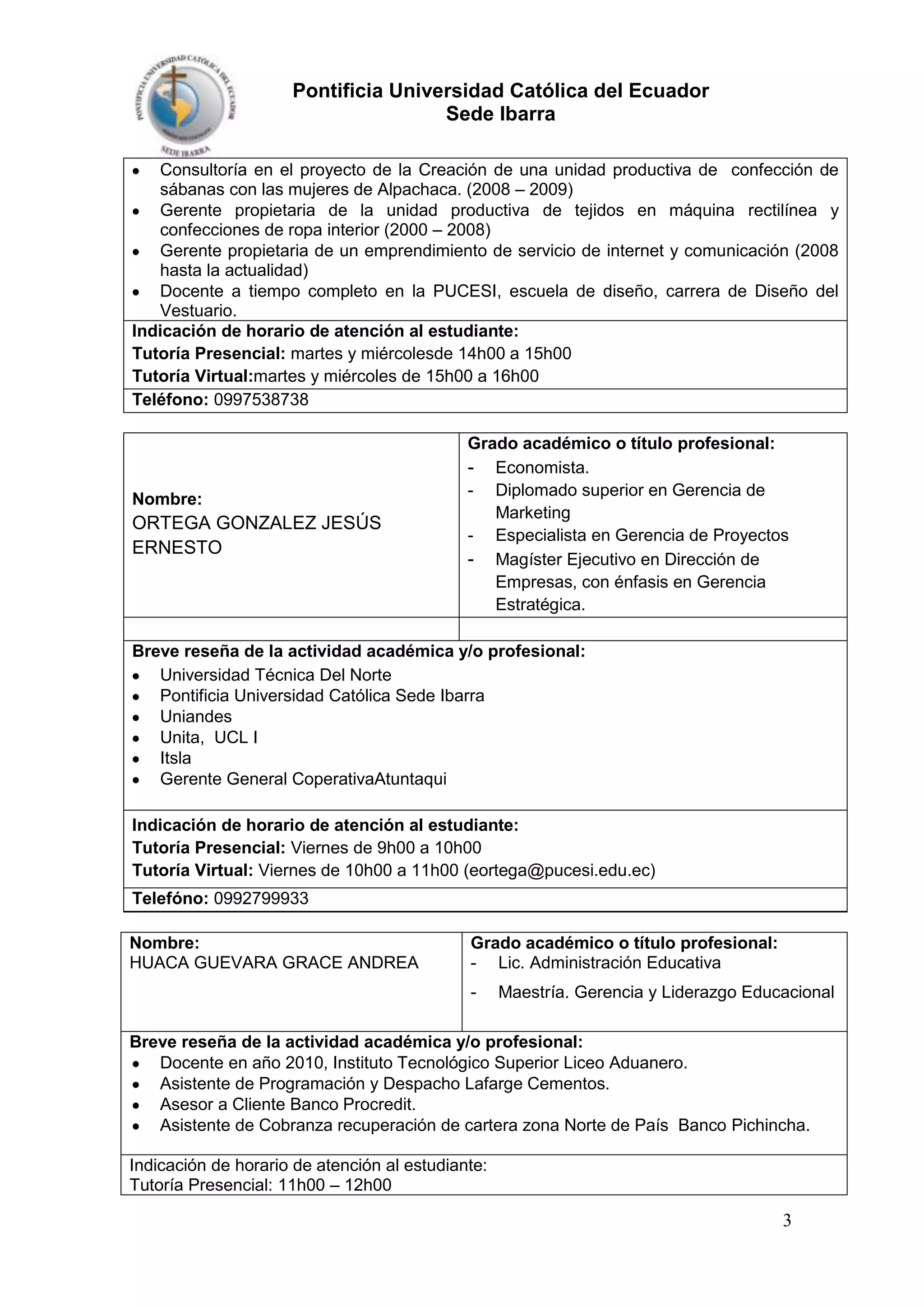 Pontificia Universidad Católica del Ecuador
Sede Ibarra
Consultoría en el proyecto de la Creación de una unidad productiva de confección de
sábanas con las mujeres de Alpachaca. (2008 – 2009)
Gerente propietaria de la unidad productiva de tejidos en máquina rectilínea y
confecciones de ropa interior (2000 – 2008)
Gerente propietaria de un emprendimiento de servicio de internet y comunicación (2008
hasta la actualidad)
Docente a tiempo completo en la PUCESI, escuela de diseño, carrera de Diseño del
Vestuario.
Indicación de horario de atención al estudiante:
Tutoría Presencial: martes y miércolesde 14h00 a 15h00
Tutoría Virtual:martes y miércoles de 15h00 a 16h00
Teléfono: 0997538738

Nombre:

ORTEGA GONZALEZ JESÚS
ERNESTO

Grado académico o título profesional:
- Economista.
- Diplomado superior en Gerencia de
Marketing
- Especialista en Gerencia de Proyectos
- Magíster Ejecutivo en Dirección de
Empresas, con énfasis en Gerencia
Estratégica.

Breve reseña de la actividad académica y/o profesional:
Universidad Técnica Del Norte
Pontificia Universidad Católica Sede Ibarra
Uniandes
Unita, UCL I
Itsla
Gerente General CoperativaAtuntaqui
Indicación de horario de atención al estudiante:
Tutoría Presencial: Viernes de 9h00 a 10h00
Tutoría Virtual: Viernes de 10h00 a 11h00 (eortega@pucesi.edu.ec)
Telefóno: 0992799933
Nombre:
HUACA GUEVARA GRACE ANDREA

Grado académico o título profesional:
- Lic. Administración Educativa
-

Maestría. Gerencia y Liderazgo Educacional

Breve reseña de la actividad académica y/o profesional:
Docente en año 2010, Instituto Tecnológico Superior Liceo Aduanero.
Asistente de Programación y Despacho Lafarge Cementos.
Asesor a Cliente Banco Procredit.
Asistente de Cobranza recuperación de cartera zona Norte de País Banco Pichincha.
Indicación de horario de atención al estudiante:
Tutoría Presencial: 11h00 – 12h00

3

 