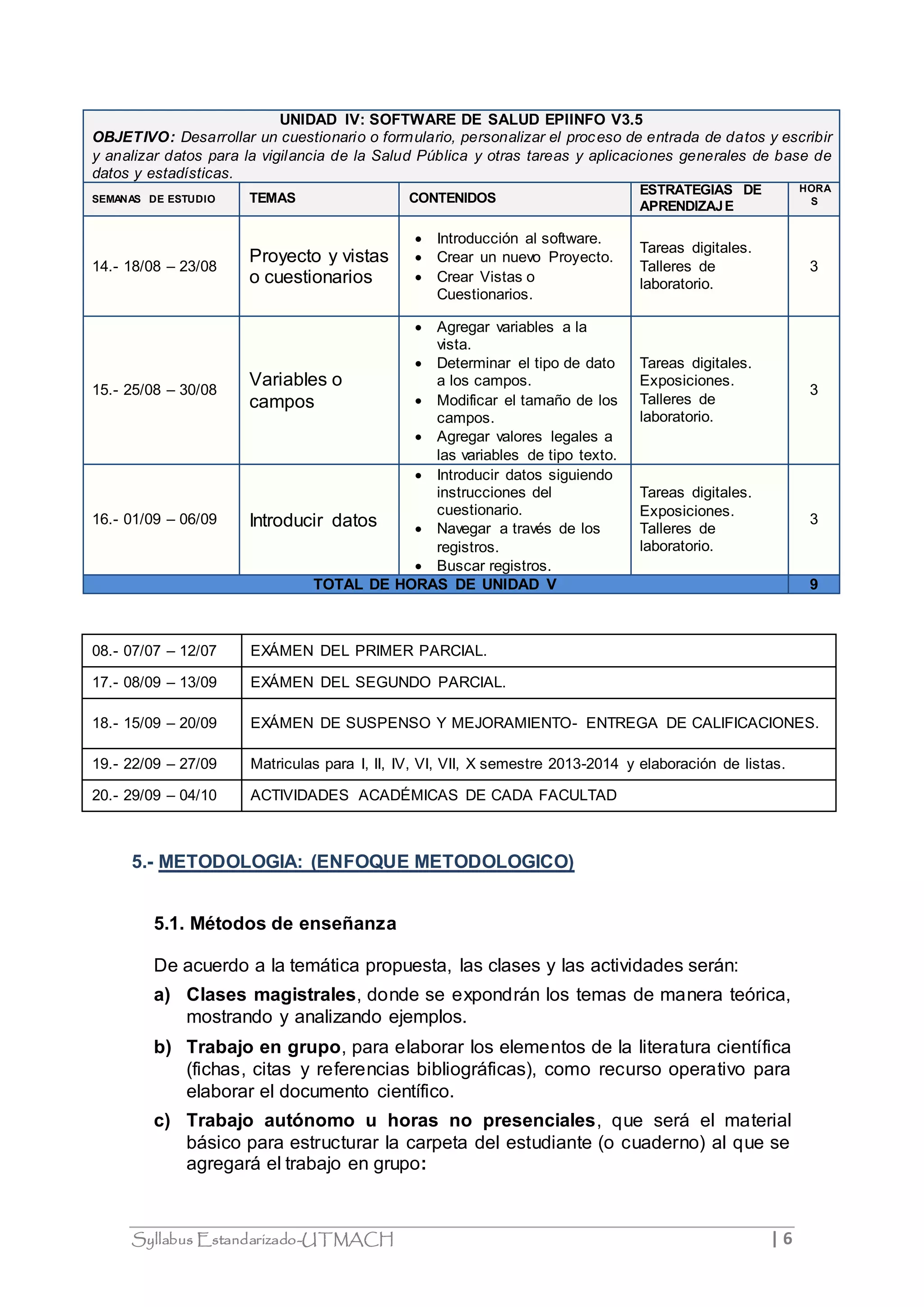 UNIDAD IV: SOFTWARE DE SALUD EPIINFO V3.5 
OBJETIVO: Desarrollar un cuestionario o formulario, personalizar el proceso de entrada de datos y escribir 
y analizar datos para la vigilancia de la Salud Pública y otras tareas y aplicaciones generales de base de 
datos y estadísticas. 
SEMANAS DE ESTUDIO TEMAS CONTENIDOS 
ESTRATEGIAS DE 
APRENDIZAJE 
Syllabus Estandarizado-UTMACH | 6 
HORA 
S 
14.- 18/08 – 23/08 
Proyecto y vistas 
o cuestionarios 
 Introducción al software. 
 Crear un nuevo Proyecto. 
 Crear Vistas o 
Cuestionarios. 
Tareas digitales. 
Talleres de 
laboratorio. 
3 
15.- 25/08 – 30/08 
Variables o 
campos 
 Agregar variables a la 
vista. 
 Determinar el tipo de dato 
a los campos. 
 Modificar el tamaño de los 
campos. 
 Agregar valores legales a 
las variables de tipo texto. 
Tareas digitales. 
Exposiciones. 
Talleres de 
laboratorio. 
3 
16.- 01/09 – 06/09 Introducir datos 
 Introducir datos siguiendo 
instrucciones del 
cuestionario. 
 Navegar a través de los 
registros. 
 Buscar registros. 
Tareas digitales. 
Exposiciones. 
Talleres de 
laboratorio. 
3 
TOTAL DE HORAS DE UNIDAD V 9 
08.- 07/07 – 12/07 EXÁMEN DEL PRIMER PARCIAL. 
17.- 08/09 – 13/09 EXÁMEN DEL SEGUNDO PARCIAL. 
18.- 15/09 – 20/09 EXÁMEN DE SUSPENSO Y MEJORAMIENTO- ENTREGA DE CALIFICACIONES. 
19.- 22/09 – 27/09 Matriculas para I, II, IV, VI, VII, X semestre 2013-2014 y elaboración de listas. 
20.- 29/09 – 04/10 ACTIVIDADES ACADÉMICAS DE CADA FACULTAD 
5.- METODOLOGIA: (ENFOQUE METODOLOGICO) 
5.1. Métodos de enseñanza 
De acuerdo a la temática propuesta, las clases y las actividades serán: 
a) Clases magistrales, donde se expondrán los temas de manera teórica, 
mostrando y analizando ejemplos. 
b) Trabajo en grupo, para elaborar los elementos de la literatura científica 
(fichas, citas y referencias bibliográficas), como recurso operativo para 
elaborar el documento científico. 
c) Trabajo autónomo u horas no presenciales, que será el material 
básico para estructurar la carpeta del estudiante (o cuaderno) al que se 
agregará el trabajo en grupo: 
 