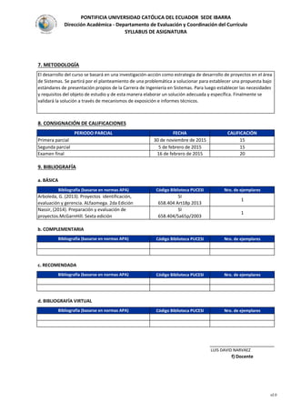 PONTIFICIA UNIVERSIDAD CATÓLICA DEL ECUADOR SEDE IBARRA
Dirección Académica - Departamento de Evaluación y Coordinación del Currículo
SYLLABUS DE ASIGNATURA
7. METODOLOGÍA
8. CONSIGNACIÓN DE CALIFICACIONES
PERIODO PARCIAL FECHA CALIFICACIÓN
Primera parcial 30 de noviembre de 2015 15
Segunda parcial 5 de febrero de 2015 15
Examen final 16 de febrero de 2015 20
9. BIBLIOGRAFÍA
a. BÁSICA
Bibliografía (basarse en normas APA) Código Biblioteca PUCESI Nro. de ejemplares
Arboleda, G. (2013). Proyectos identificación,
evaluación y gerencia. ALfaomega. 2da Edición
SI
658.404 Art18p 2013
1
Nassir, (2014). Preparación y evaluación de
proyectos.McGarnHill. Sexta edición
SI
658.404/Sa65p/2003
1
b. COMPLEMENTARIA
Bibliografía (basarse en normas APA) Código Biblioteca PUCESI Nro. de ejemplares
c. RECOMENDADA
Bibliografía (basarse en normas APA) Código Biblioteca PUCESI Nro. de ejemplares
d. BIBLIOGRAFÍA VIRTUAL
Bibliografía (basarse en normas APA) Código Biblioteca PUCESI Nro. de ejemplares
LUIS DAVID NARVAEZ
f) Docente
El desarrollo del curso se basará en una investigación-acción como estrategia de desarrollo de proyectos en el área
de Sistemas. Se partirá por el planteamiento de una problemática a solucionar para establecer una propuesta bajo
estándares de presentación propios de la Carrera de Ingeniería en Sistemas. Para luego establecer las necesidades
y requisitos del objeto de estudio y de esta manera elaborar un solución adecuada y específica. Finalmente se
validará la solución a través de mecanismos de exposición e informes técnicos.
v2.0
 