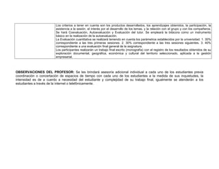 Los criterios a tener en cuenta son los productos desarrollados, los aprendizajes obtenidos, la participación, la
                         asistencia a la sesión, el interés por el desarrollo de los temas, y la relación con el grupo y con los compañeros.
                         Se hará Coevaluación, Autoevaluación y Evaluación del tutor. Se empleará la bitácora como un instrumento
                         básico en la realización de la autoevaluación.
                         La Evaluación cuantitativa se realizará teniendo en cuenta los parámetros establecidos por la universidad. 1. 30%
                         correspondiente a las tres primeras sesiones. 2. 30% correspondiente a las tres sesiones siguientes. 3. 40%
                         correspondiente a una evaluación final general de la asignatura.
                         Los participantes realizarán un trabajo final escrito (monografía) con el registro de los resultados obtenidos de su
                         exploración documental, geográfica, económica y cultural del territorio seleccionado, aplicada a la gestión
                         empresarial.




OBSERVACIONES DEL PROFESOR: Se les brindará asesoría adicional individual a cada uno de los estudiantes previa
coordinación o concertación de espacios de tiempo con cada uno de los estudiantes a la medida de sus inquietudes, la
intensidad es de a cuerdo a necesidad del estudiante y complejidad de su trabajo final, igualmente se atenderán a los
estudiantes a través de la internet o telefónicamente.
 