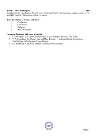 Page | 7
Unit 5: Heat Exchangers 8 Hrs.
Introduction and classification. Overall heat transfer coefficient. Heat exchanger analysis using LMTD
and NTU method. Effectiveness of heat exchanger.
Brief description of tutorial activities:
1 Conduction
2 Convection
3 Radiation
4 Heat Exchangers
Suggested Texts and Reference Materials:
1 F.P. Incropera, D.P. Dewitt, Fundamentals of Heat and Mass Transfer, John Wiley
2 Y. A. Cengel and A.J. Ghajar, Heat and Mass Transfer – Fundamentals and Applications,
Tata McGraw Hill Education Private Limited.
3 S.P. Sukhatme, A Textbook on Heat Transfer, Universities Press.
 