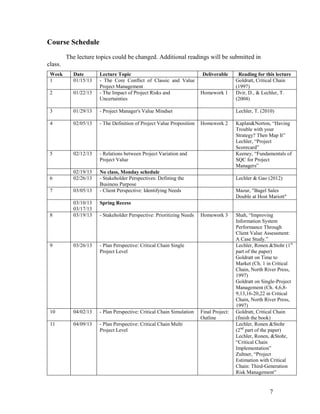 7
Course Schedule
The lecture topics could be changed. Additional readings will be submitted in
class.
Week Date Lecture Topic Deliverable Reading for this lecture
1 01/15/13 - The Core Conflict of Classic and Value
Project Management
Goldratt, Critical Chain
(1997)
2 01/22/13 - The Impact of Project Risks and
Uncertainties
Homework 1 Dvir, D., & Lechler, T.
(2004)
3 01/29/13 - Project Manager's Value Mindset Lechler, T. (2010)
4 02/05/13 - The Definition of Project Value Proposition Homework 2 Kaplan&Norton, “Having
Trouble with your
Strategy? Then Map It”
Lechler, “Project
Scorecard”
5 02/12/13 - Relations between Project Variation and
Project Value
Keeney, “Fundamentals of
SQC for Project
Managers”
02/19/13 No class, Monday schedule
6 02/26/13 - Stakeholder Perspectives: Defining the
Business Purpose
Lechler & Gao (2012)
7 03/05/13 - Client Perspective: Identifying Needs Mazur, "Bagel Sales
Double at Host Mariott"
03/10/13
03/17/13
Spring Recess
8 03/19/13 - Stakeholder Perspective: Prioritizing Needs Homework 3 Shah, “Improving
Information System
Performance Through
Client Value Assessment:
A Case Study.”
9 03/26/13 - Plan Perspective: Critical Chain Single
Project Level
Lechler, Ronen &Stohr (1st
part of the paper)
Goldratt on Time to
Market (Ch. 1 in Critical
Chain, North River Press,
1997)
Goldratt on Single-Project
Management (Ch. 4,6,8-
9,13,16-20,22 in Critical
Chain, North River Press,
1997)
10 04/02/13 - Plan Perspective: Critical Chain Simulation Final Project:
Outline
Goldratt, Critical Chain
(finish the book)
11 04/09/13 - Plan Perspective: Critical Chain Multi
Project Level
Lechler, Ronen &Stohr
(2nd
part of the paper)
Lechler, Ronen, &Stohr,
“Critical Chain
Implementation”
Zultner, “Project
Estimation with Critical
Chain: Third-Generation
Risk Management”
 
