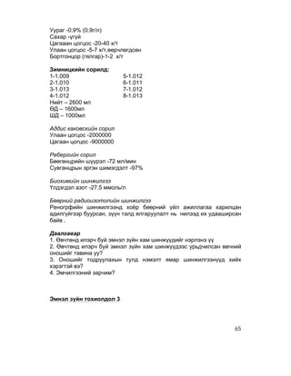 Уураг -0.9% (0.9г/л)
Сахар -үгүй
Цагааан цогцос -20-40 х/т
Улаан цогцос -5-7 х/т,өөрчлөгдсөн
Бортгонцор (гялгар)-1-2 х/т

Зимницкийн сорилд:
1-1.009                   5-1.012
2-1.010                   6-1.011
3-1.013                   7-1.012
4-1.012                   8-1.013
Нийт – 2600 мл
ӨД – 1600мл
ШД – 1000мл

Аддис каковскийн сорил
Улаан цогцос -2000000
Цагаан цогцос -9000000

Ребергийн сорил
Бөөгөнцрийн шүүрэл -72 мл/мин
Сувганцрын эргэн шимэгдэлт -97%

Биохимийн шинжилгээ
Үлдэгдэл азот -27.5 ммоль/л

Бөөрний радиоизотопийн шинжилгээ
Реногрфийн шинжилгээнд хоёр бөөрний үйл ажиллагаа харилцан
адилгүйгээр буурсан, зүүн талд ялгаруулалт нь нилээд их удааширсан
байв .

Даалгавар
1. Өвчтөнд илэрч буй эмнэл зүйн хам шинжүүдийг нэрлэнэ үү
2. Өвчтөнд илэрч буй эмнэл зүйн хам шинжүүдээс урьдчилсан өвчний
оношийг тавина уу?
3. Оношийг тодруулахын тулд нэмэлт ямар шинжилгээнүүд хийх
хэрэгтэй вэ?
4. Эмчилгээний зарчим?



Эмнэл зүйн тохиолдол 3




                                                               65
 