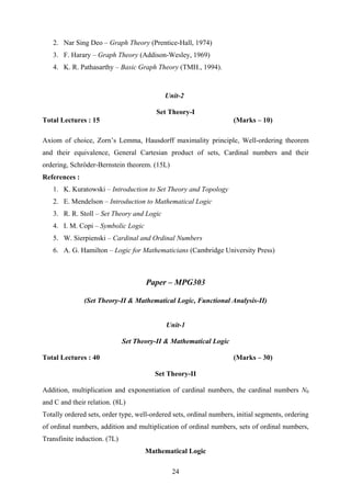 2. Nar Sing Deo – Graph Theory (Prentice-Hall, 1974)
3. F. Harary – Graph Theory (Addison-Wesley, 1969)
4. K. R. Pathasarthy – Basic Graph Theory (TMH., 1994).
Unit-2
Set Theory-I
Total Lectures : 15 (Marks – 10)
Axiom of choice, Zorn’s Lemma, Hausdorff maximality principle, Well-ordering theorem
and their equivalence, General Cartesian product of sets, Cardinal numbers and their
ordering, Schröder-Bernstein theorem. (15L)
References :
1. K. Kuratowski – Introduction to Set Theory and Topology
2. E. Mendelson – Introduction to Mathematical Logic
3. R. R. Stoll – Set Theory and Logic
4. I. M. Copi – Symbolic Logic
5. W. Sierpienski – Cardinal and Ordinal Numbers
6. A. G. Hamilton – Logic for Mathematicians (Cambridge University Press)
Paper – MPG303
(Set Theory-II & Mathematical Logic, Functional Analysis-II)
Unit-1
Set Theory-II & Mathematical Logic
Total Lectures : 40 (Marks – 30)
Set Theory-II
Addition, multiplication and exponentiation of cardinal numbers, the cardinal numbers N0
and C and their relation. (8L)
Totally ordered sets, order type, well-ordered sets, ordinal numbers, initial segments, ordering
of ordinal numbers, addition and multiplication of ordinal numbers, sets of ordinal numbers,
Transfinite induction. (7L)
Mathematical Logic
24
 